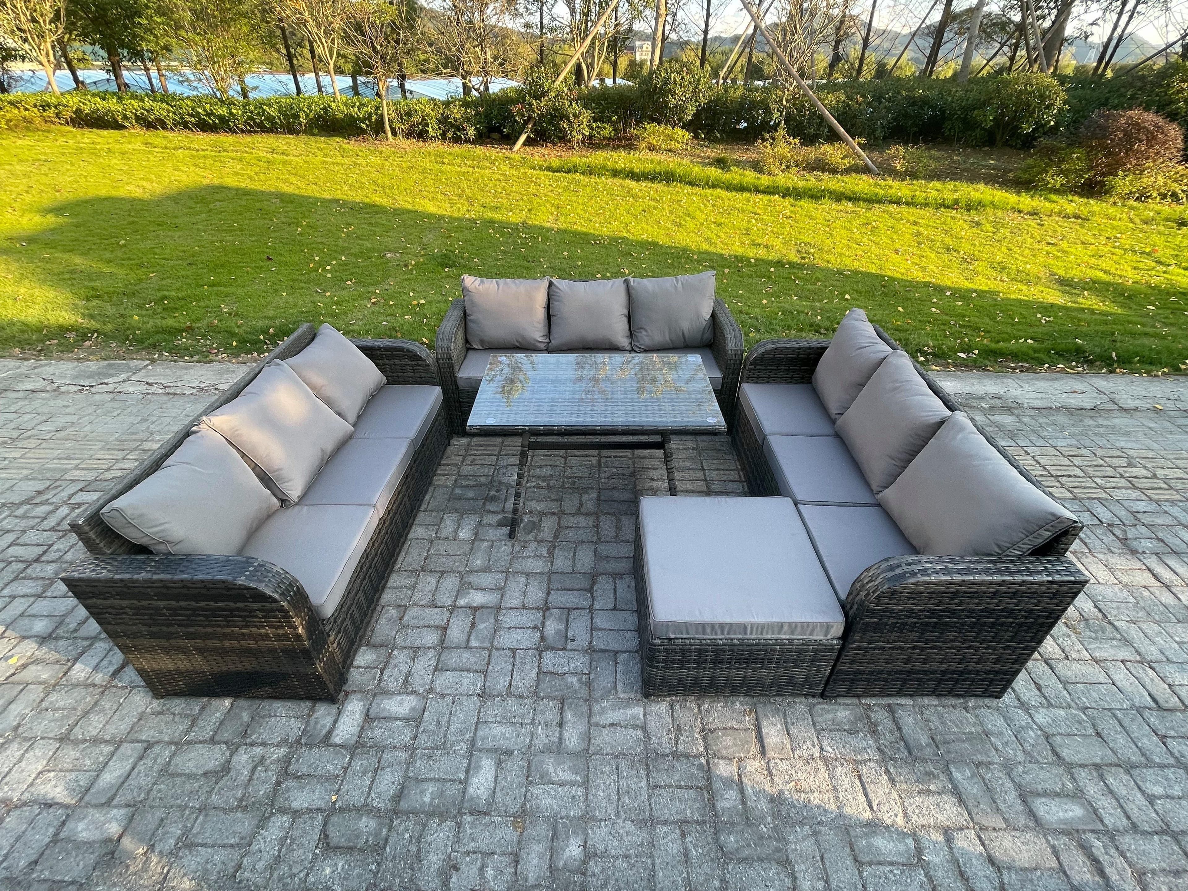 10 Seater Wicker Rattan Garden Furniture Set Rectangular Dining Table Big Footstool Patio Outdoor Lounge Sofa Set