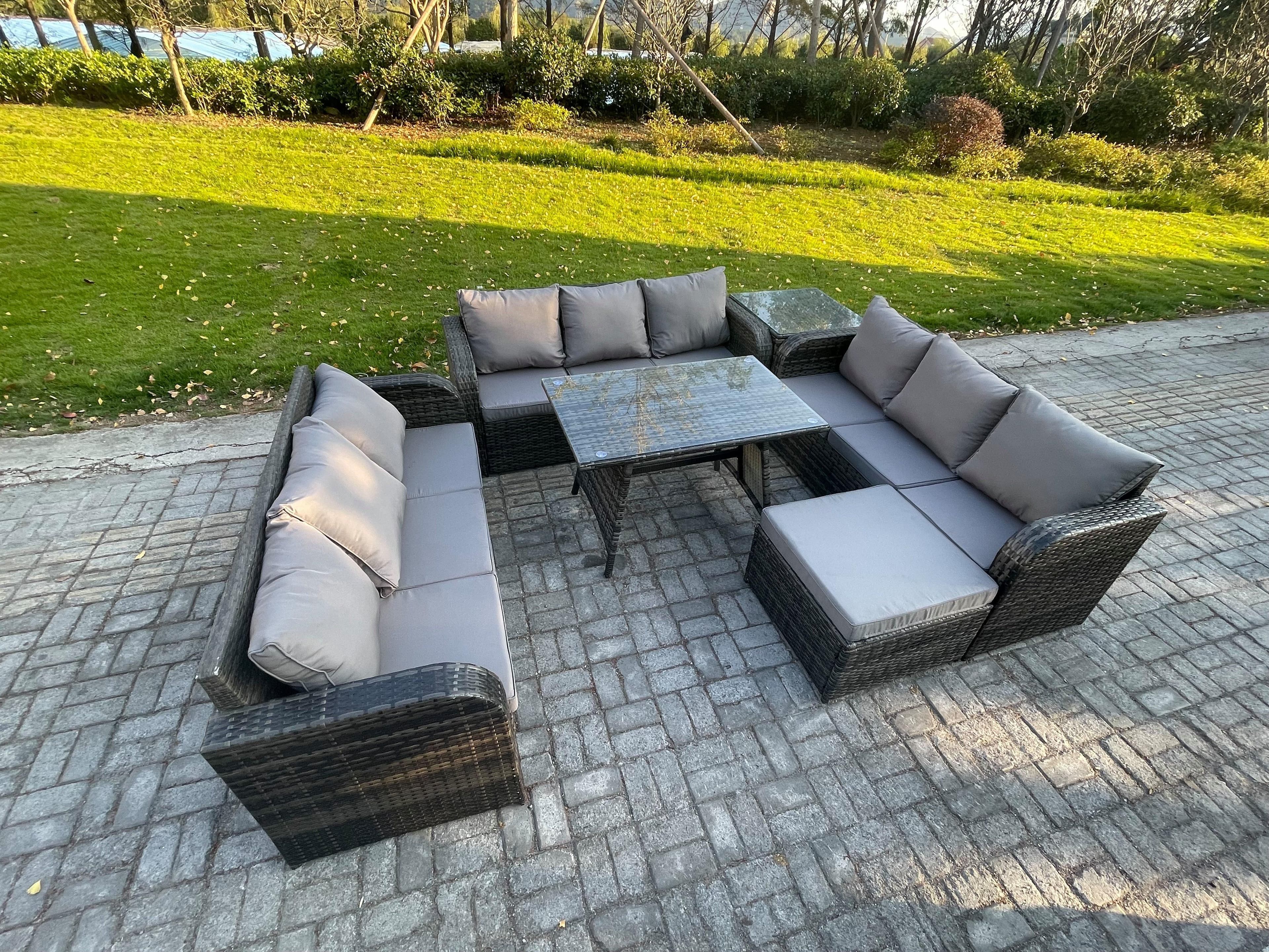 10 Seater Wicker Rattan Garden Furniture Set Rectangular Dining Table Big Footstool Side Table Patio Outdoor Lounge Sofa Set