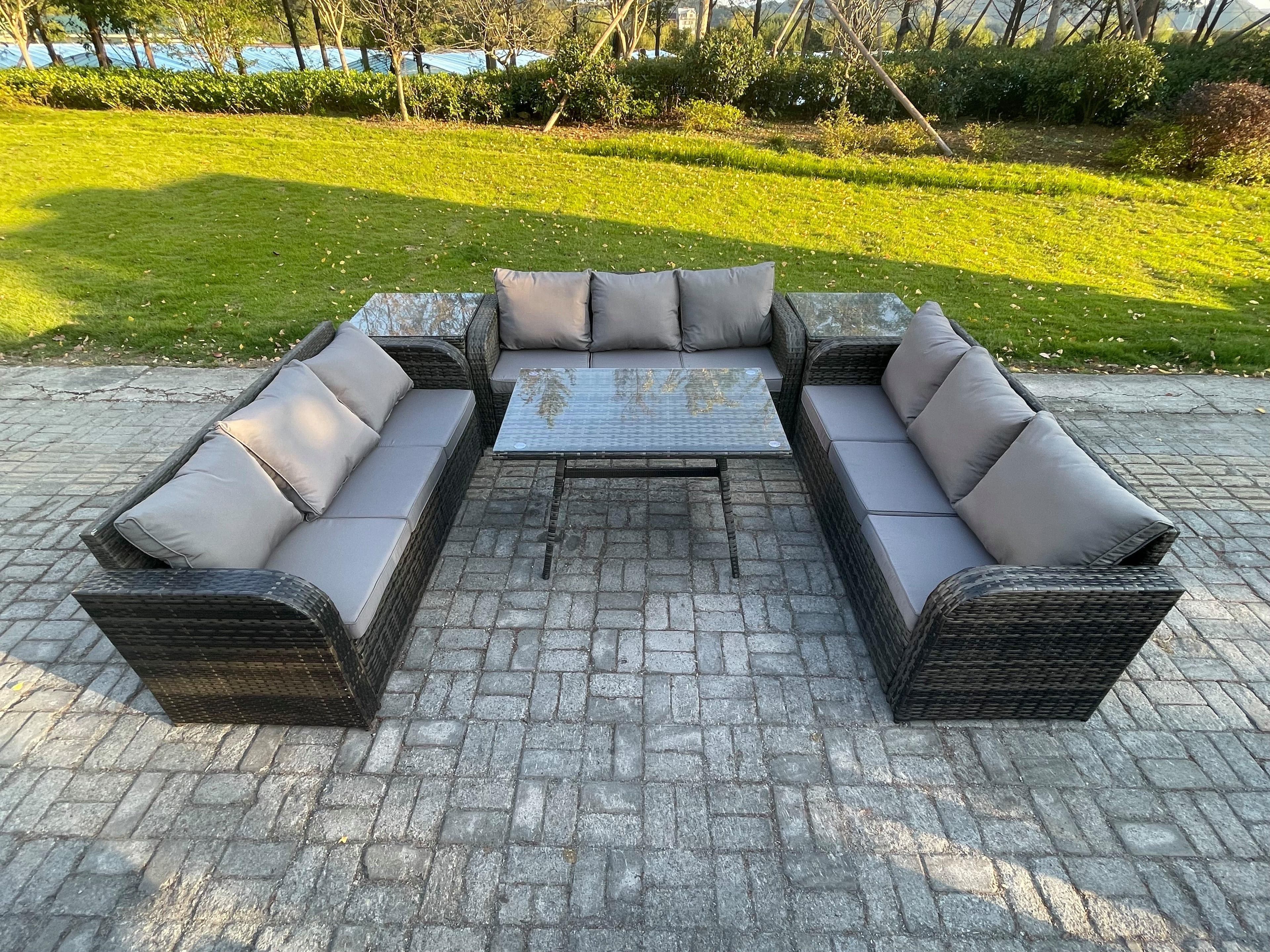 9 Seater Wicker Rattan Garden Furniture Set Rectangular Dining Table 2 Side Tables Patio Outdoor Lounge Sofa Set