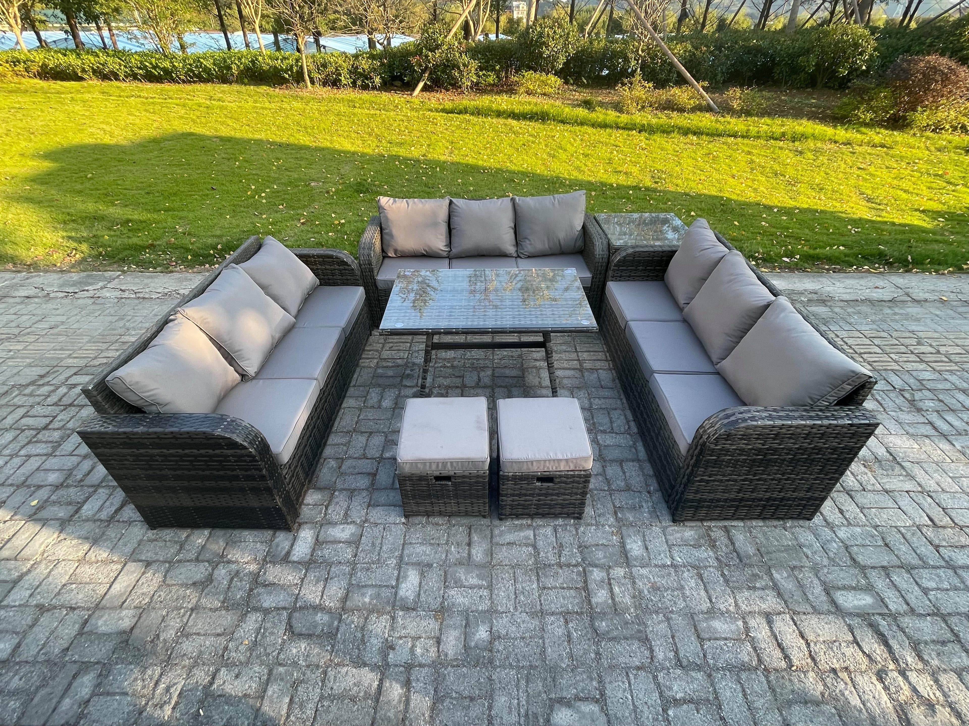 11 Seater Wicker Rattan Garden Furniture Set Rectangular Dining Table Side Table 2 Small Footstools Patio Outdoor Lounge Sofa Set
