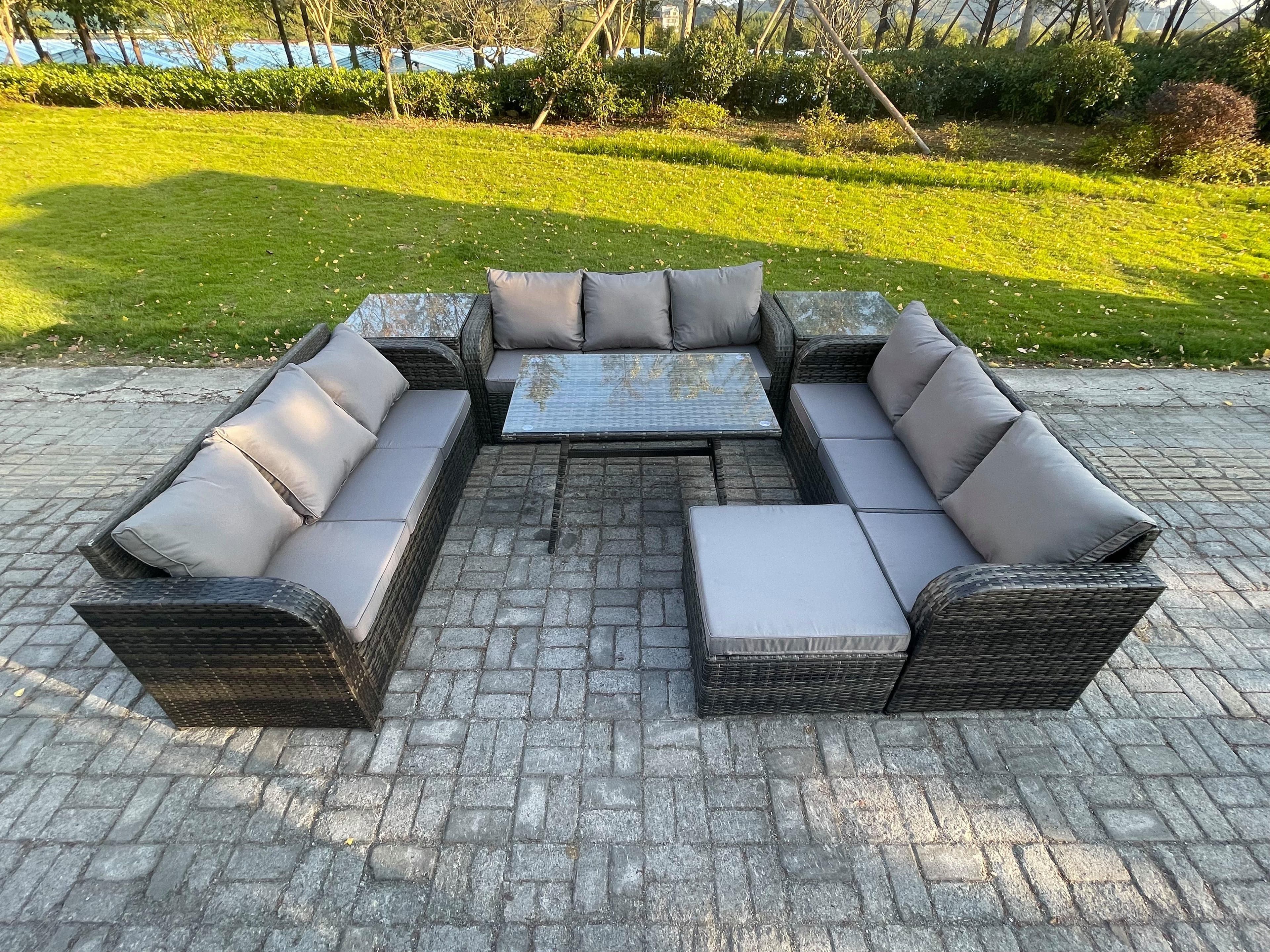 10 Seater Wicker Rattan Garden Furniture Set Rectangular Dining Table 2 Side Tables Big Footstool Patio Outdoor Lounge Sofa Set