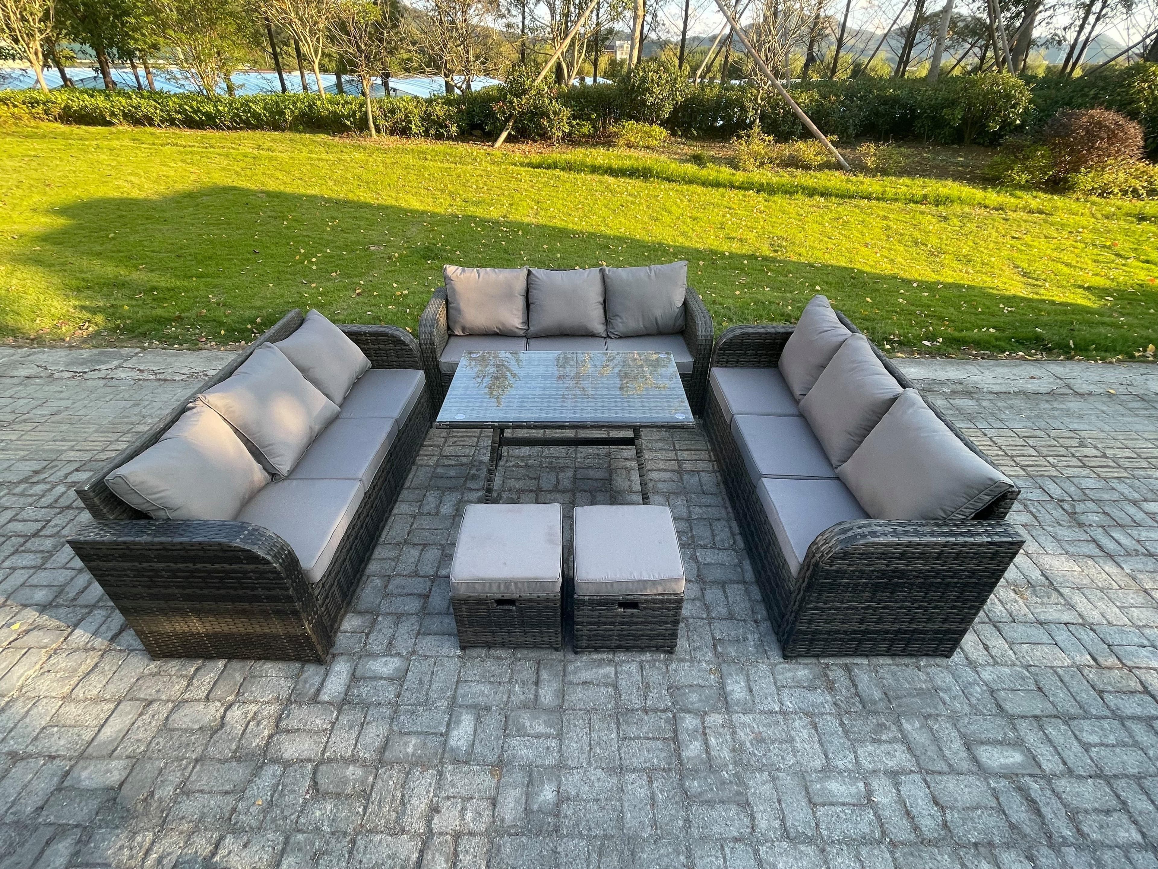 11 Seater Wicker Rattan Garden Furniture Set Rectangular Dining Table 2 Small Footstools Patio Outdoor Lounge Sofa Set