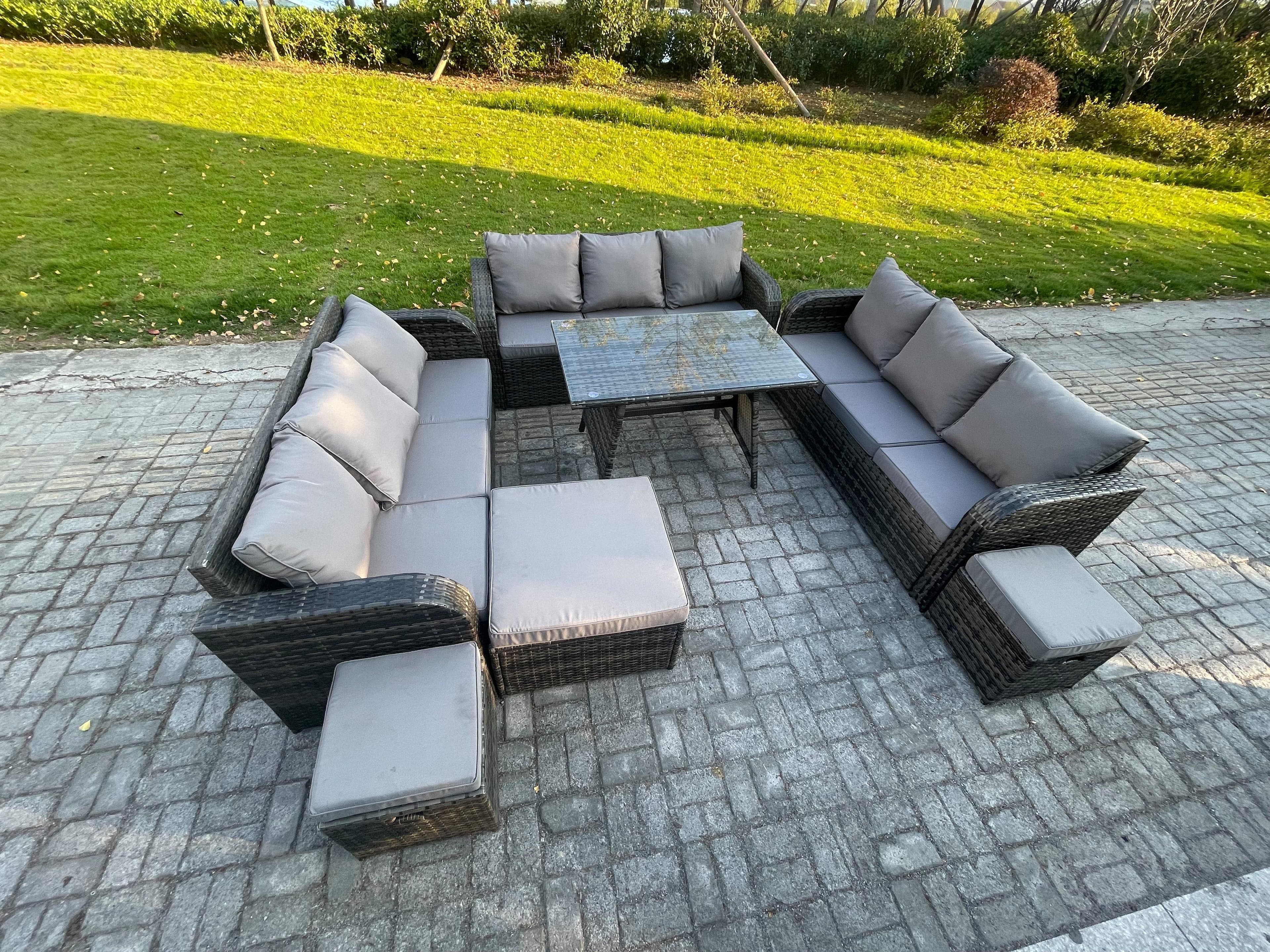 12 Seater Wicker Rattan Garden Furniture Set Rectangular Dining Table 3 Footstools Patio Outdoor Lounge Sofa Set