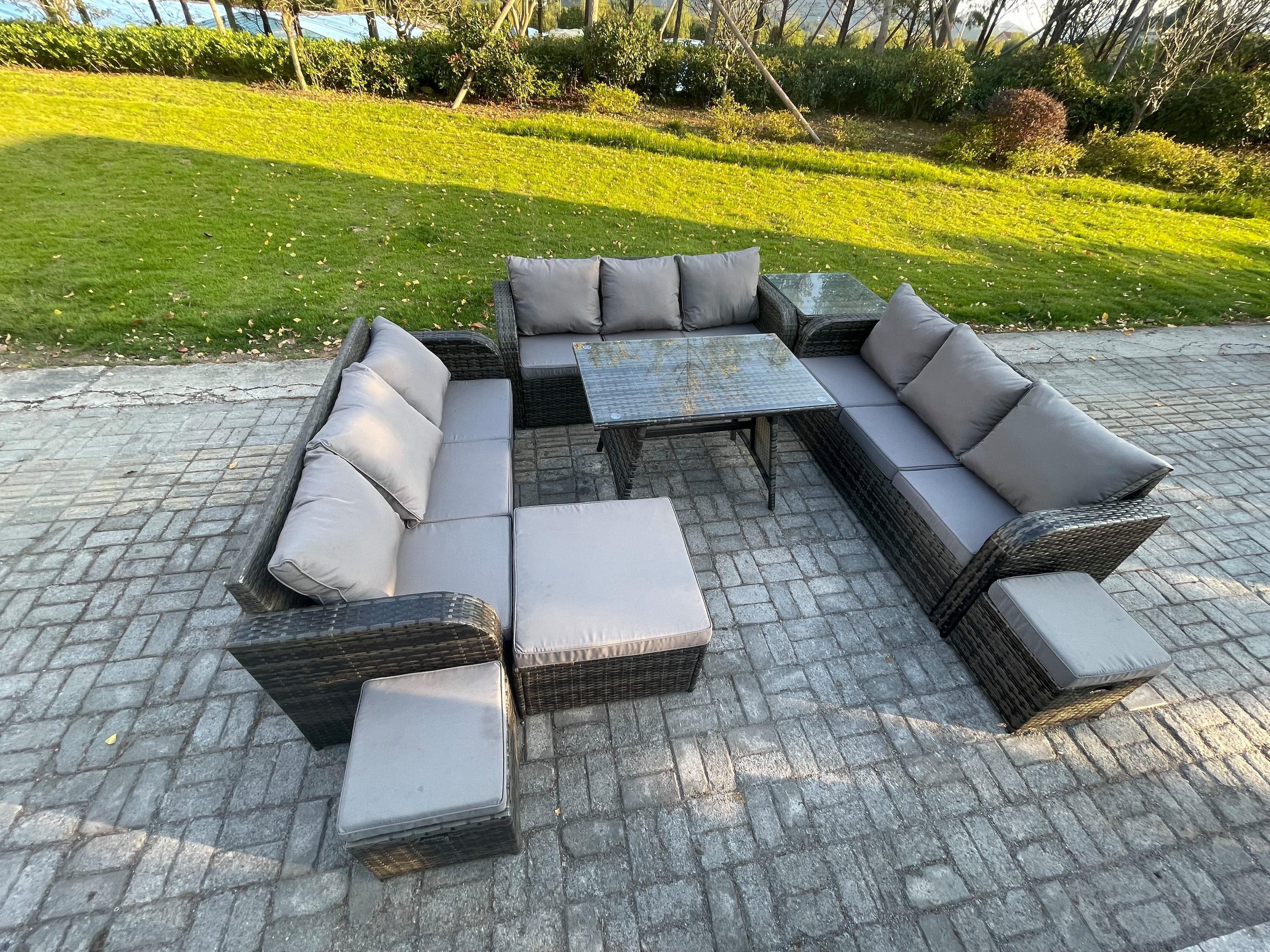 12 Seater Wicker Rattan Garden Furniture Set Rectangular Dining Table Side Table 3 Footstools Patio Outdoor Lounge Sofa Set