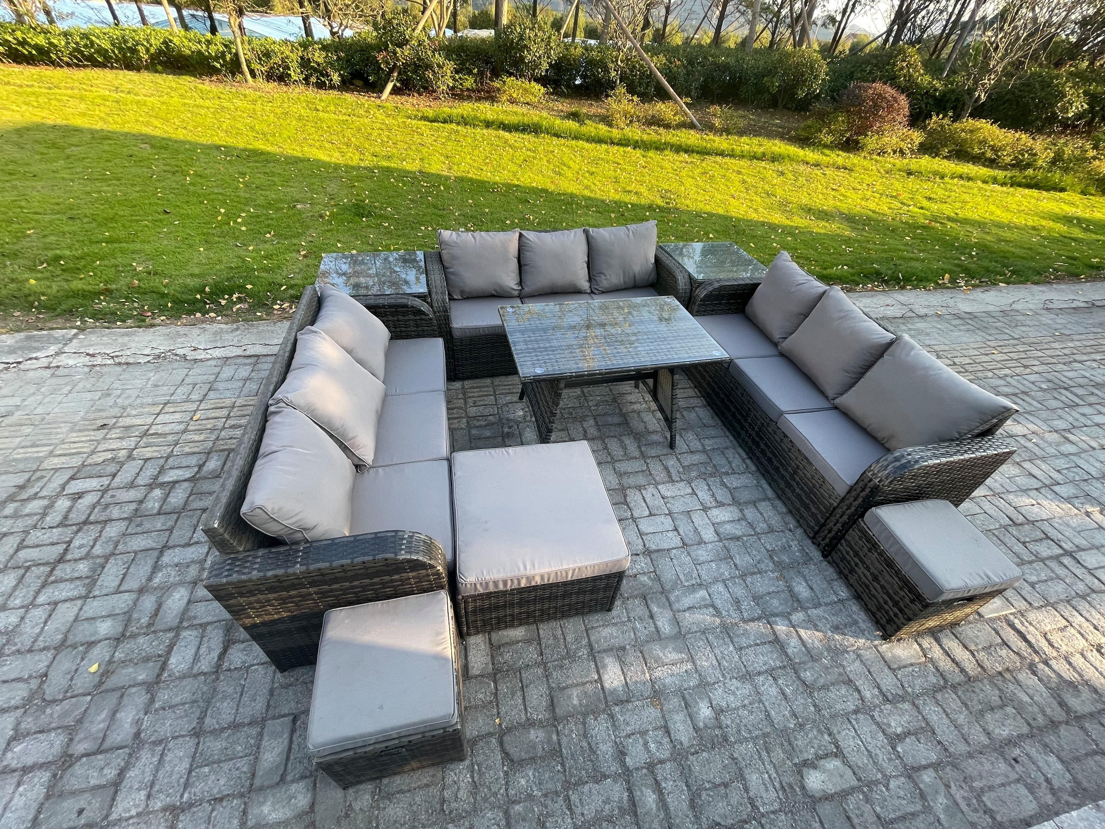 Rattan Garden Furniture Set 12 Seater Patio Outdoor Lounge Sofa Set 2 Side Tables Rectangular Dining Table 3 Footstools
