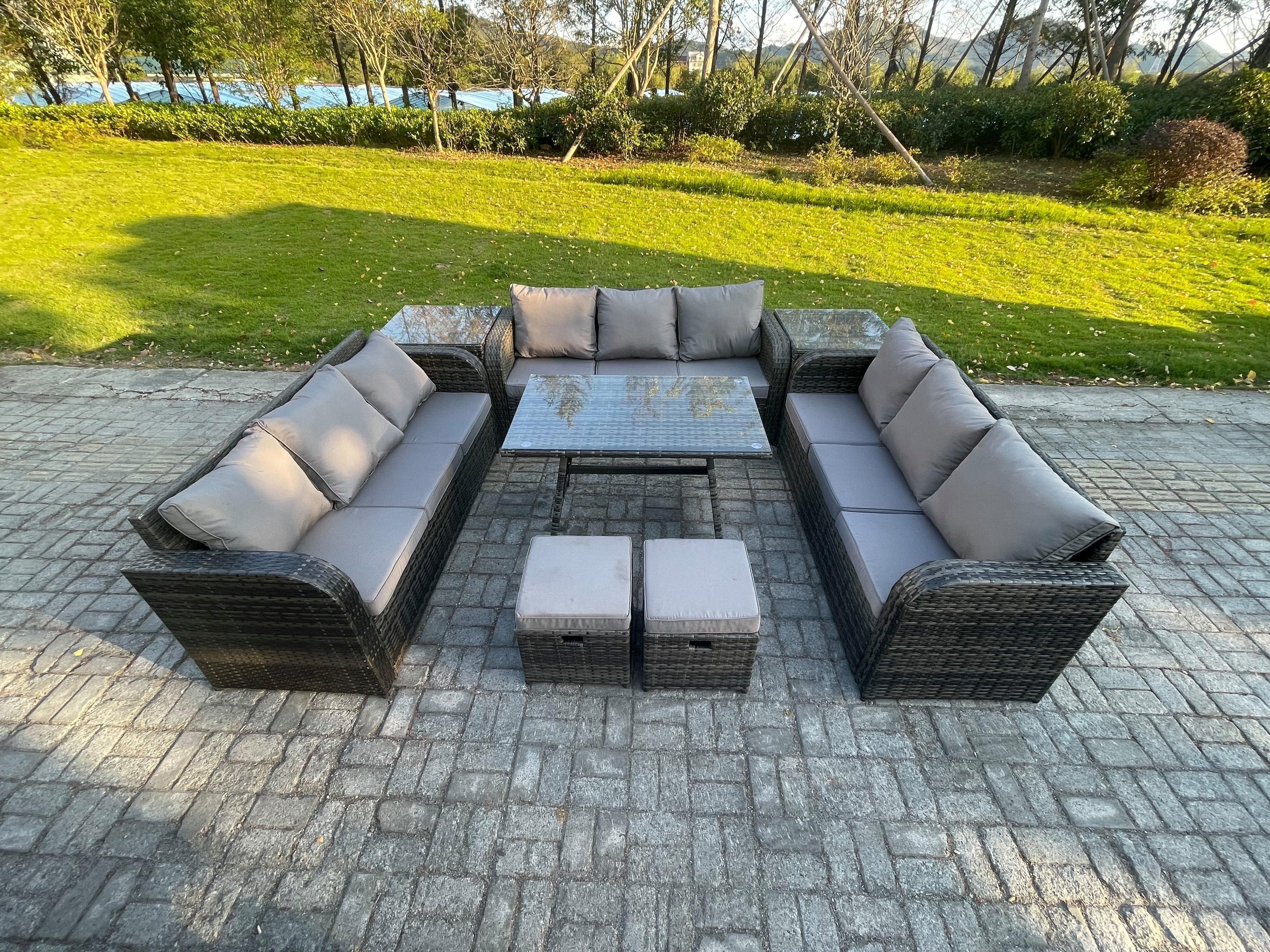 Rattan Garden Furniture Set 11 Seater Patio Outdoor Lounge Sofa Set 2 Side Tables Rectangular Dining Table 2 Small Footstools