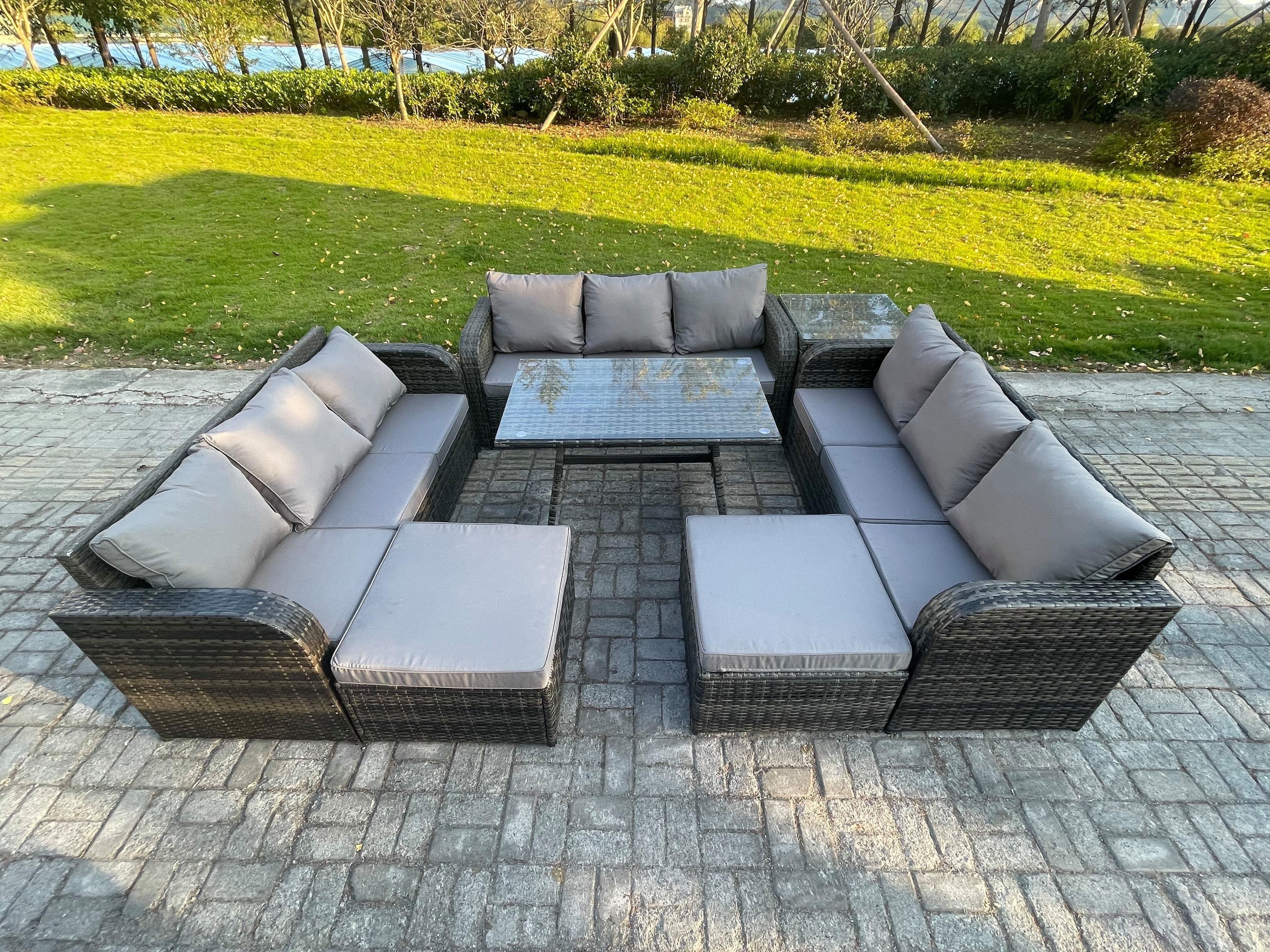 Rattan Garden Furniture Set 11 Seater Patio Outdoor Lounge Sofa Set Side Table Rectangular Dining Table 2 Big Footstool