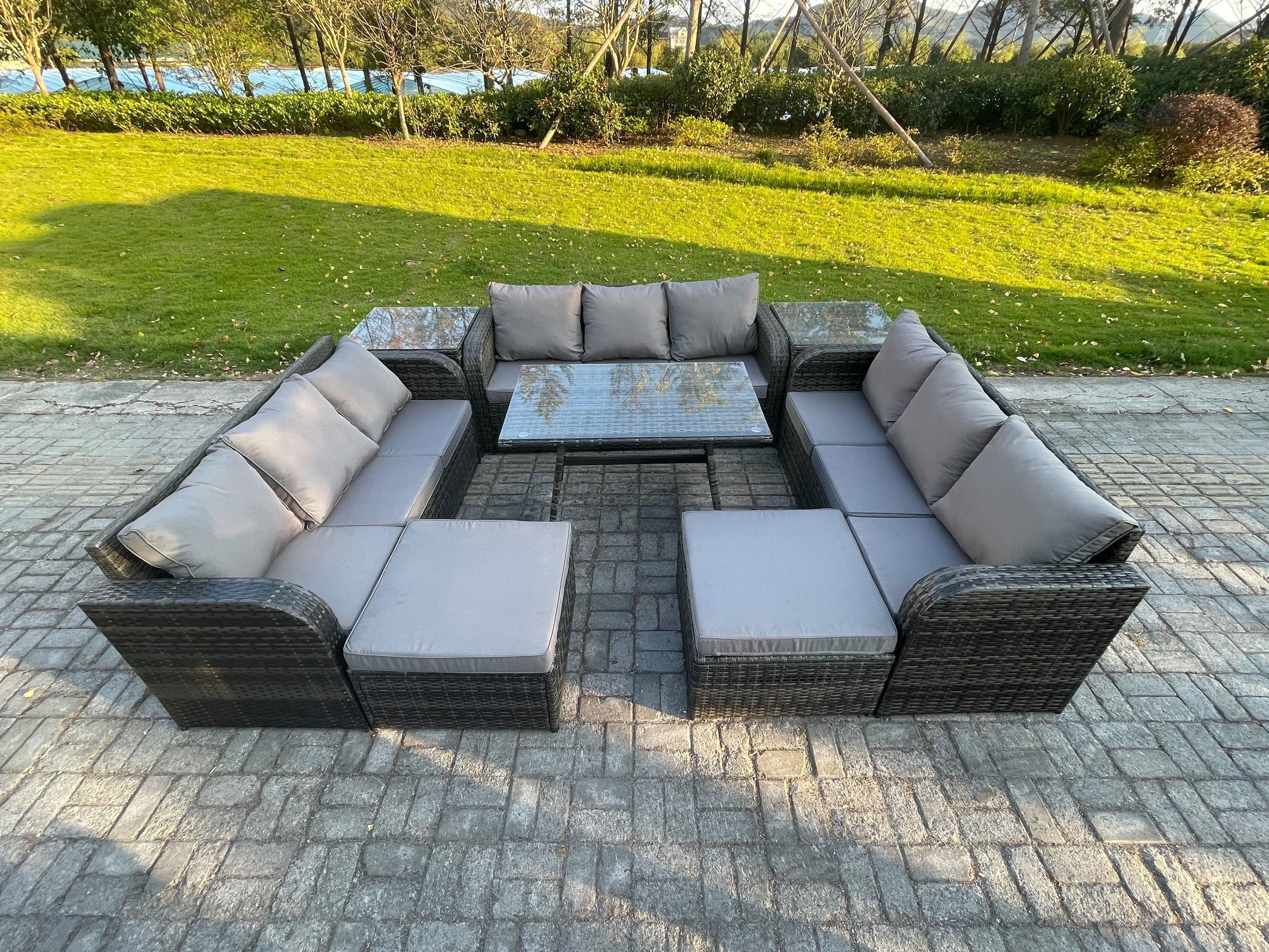 Rattan Garden Furniture Set 11 Seater Patio Outdoor Lounge Sofa Set 2 Side Tables Rectangular Dining Table 2 Big Footstool