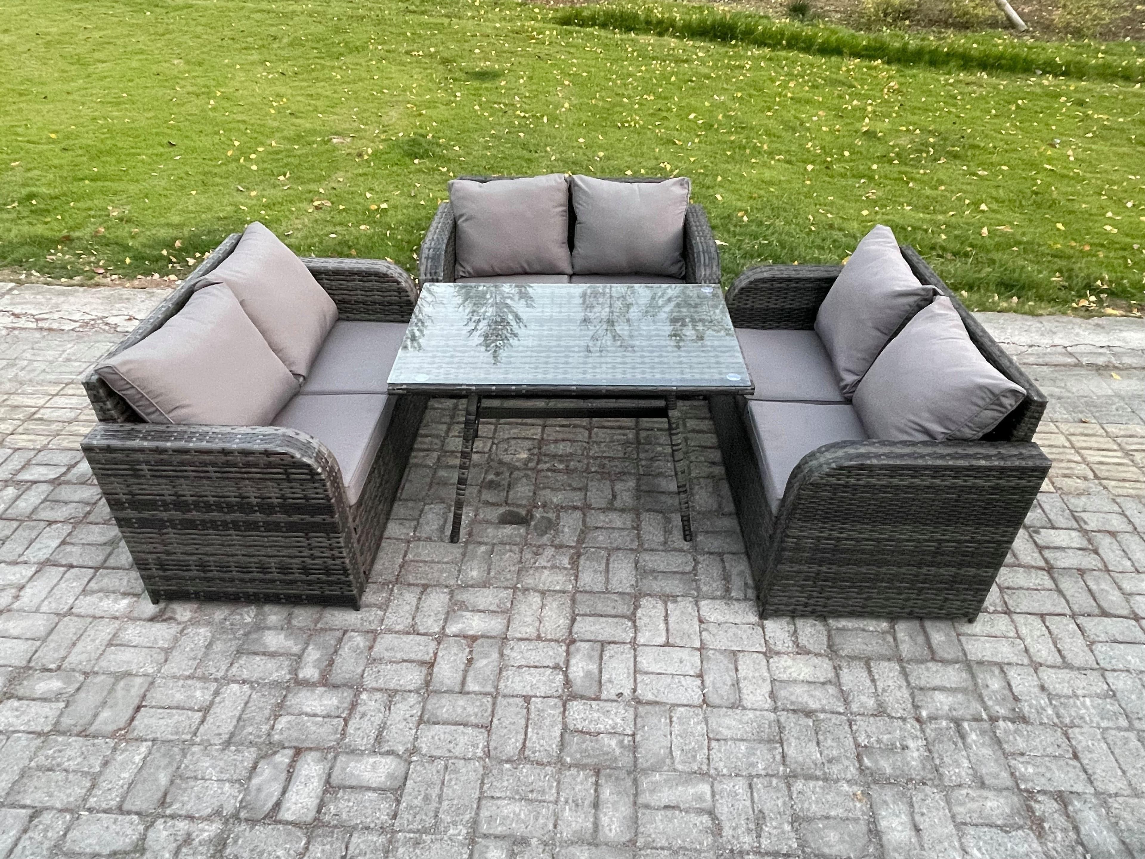 Rattan Garden Furniture Set 6 Seater Patio Outdoor Love Sofa Set Rectangular Dining Table Dark Grey Mixed