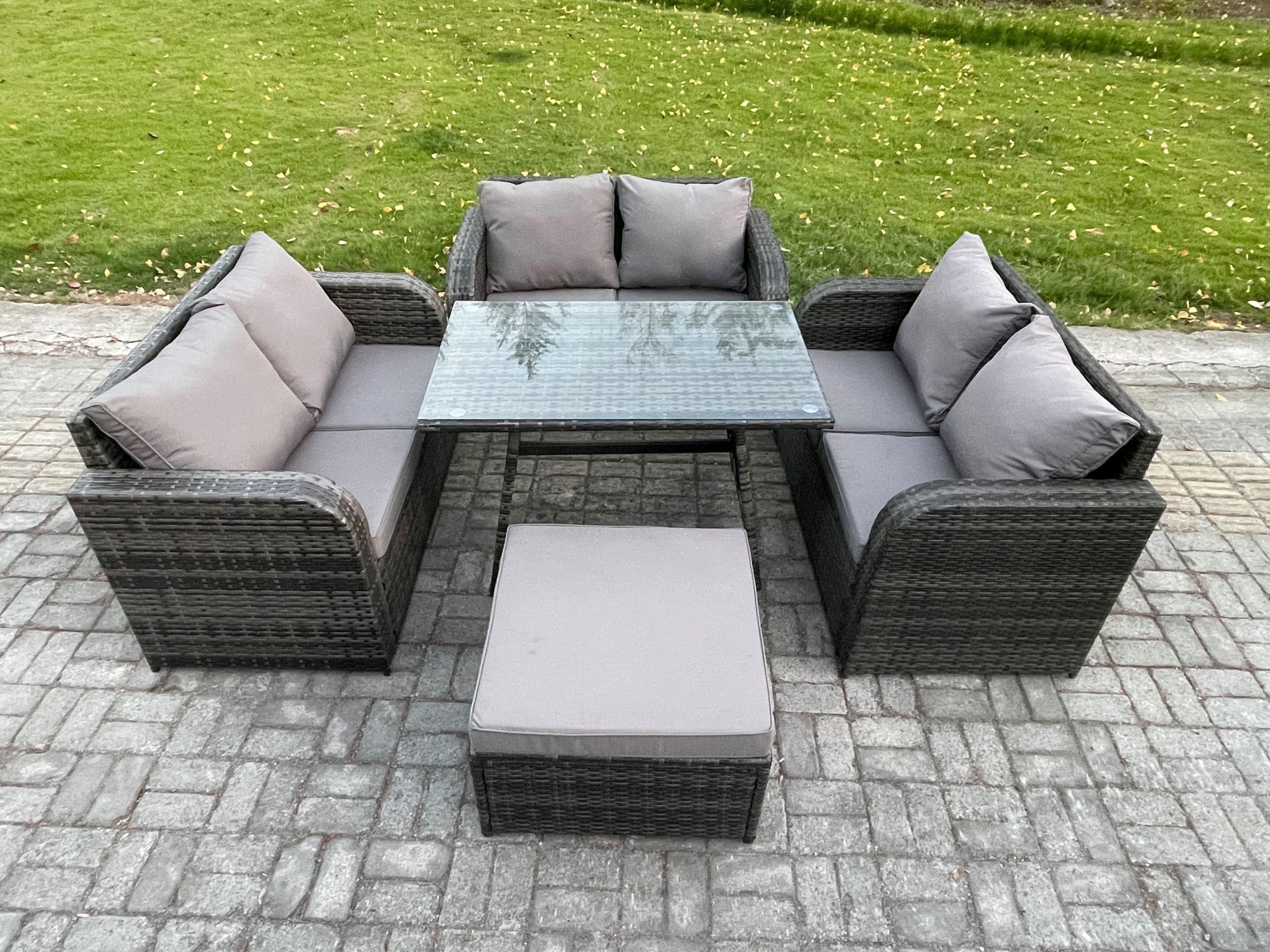 Rattan Garden Furniture Set 7 Seater Patio Outdoor Love Sofa Set Rectangular Dining Table Big Footstool Dark Grey Mixed
