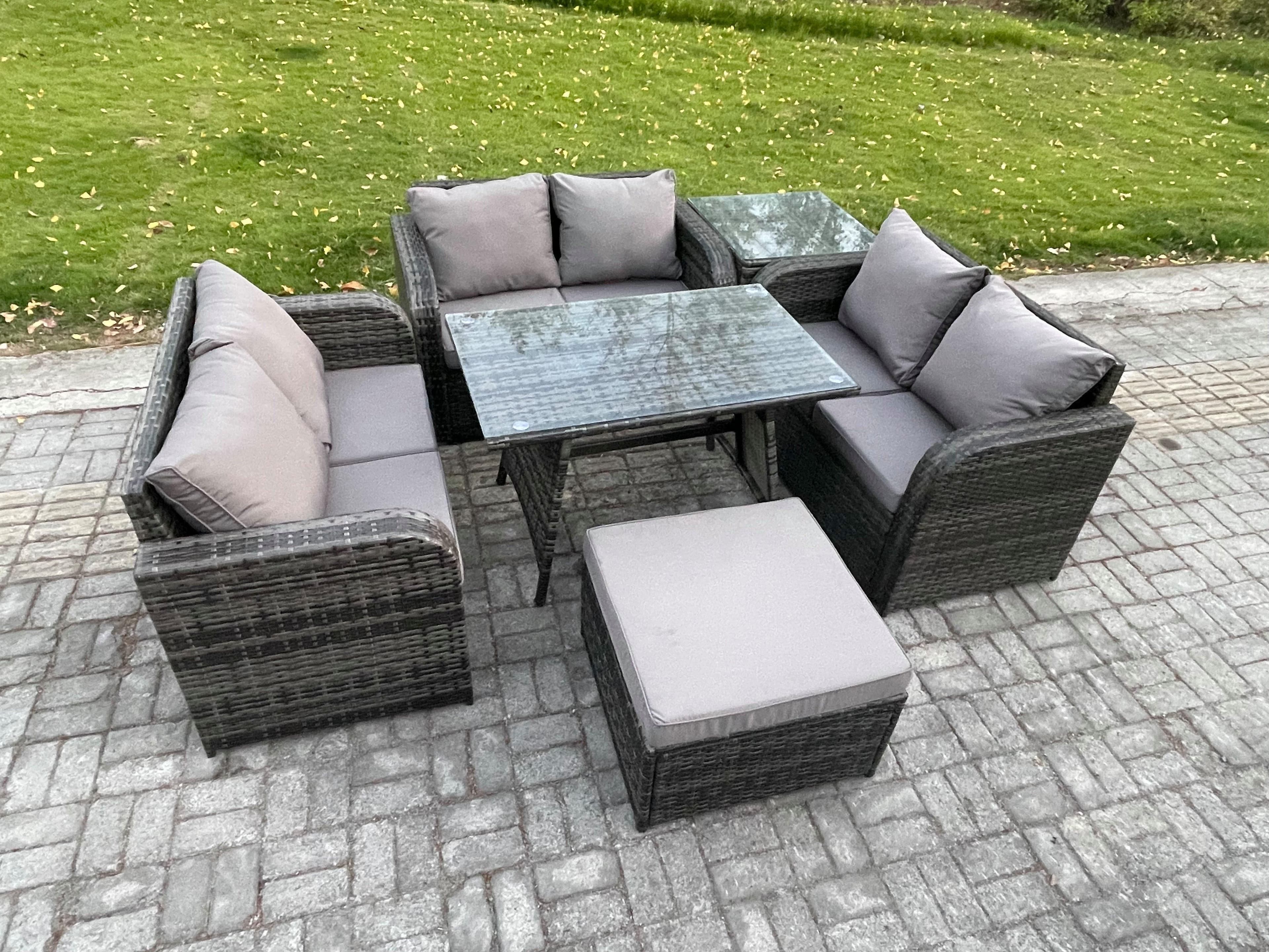 Rattan Garden Furniture Set 7 Seater Patio Outdoor Love Sofa Set Rectangular Dining Table Big Footstool Side Table