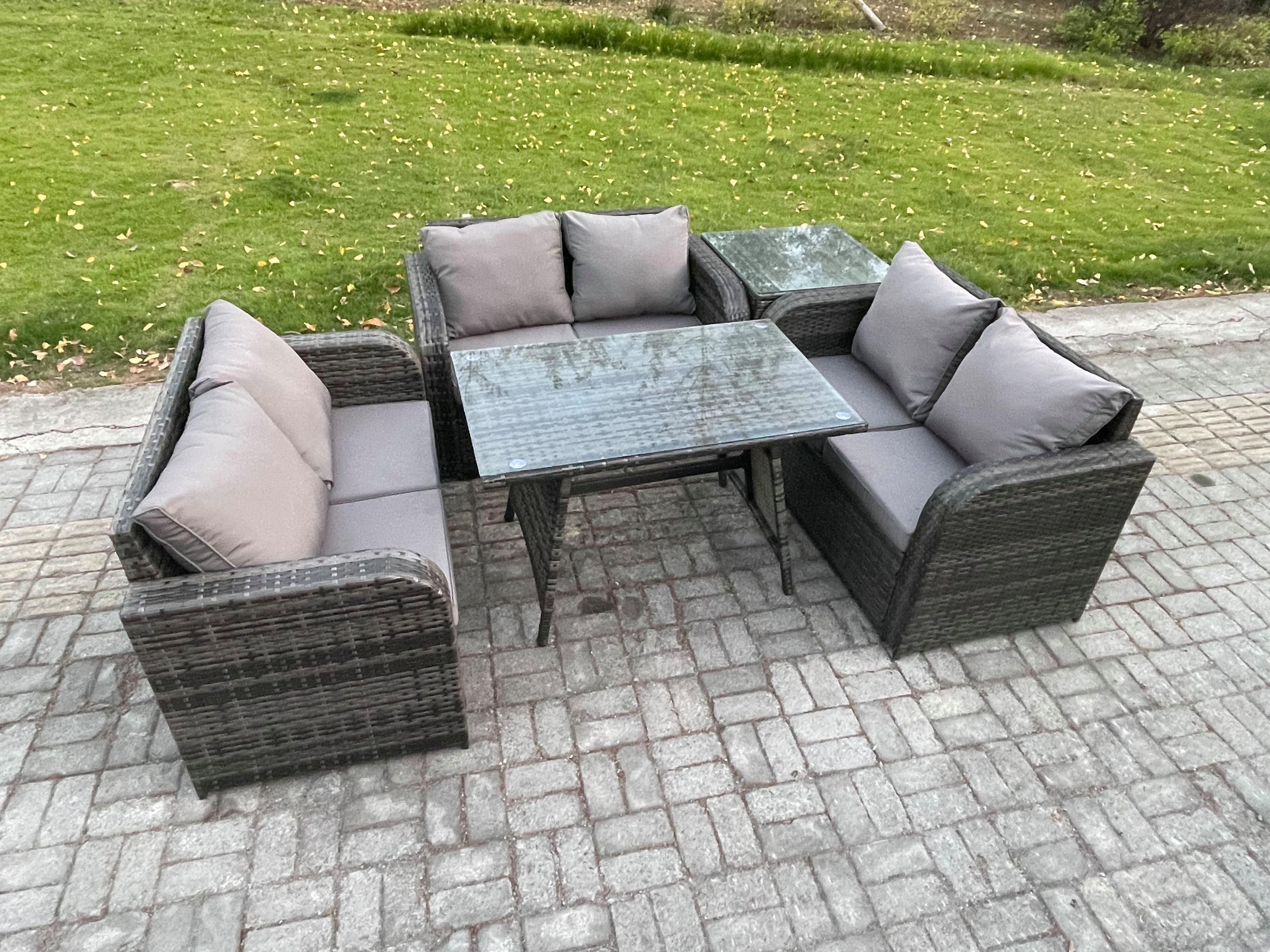 Rattan Garden Furniture Set 6 Seater Patio Outdoor Love Sofa Set Rectangular Dining Table Side Table