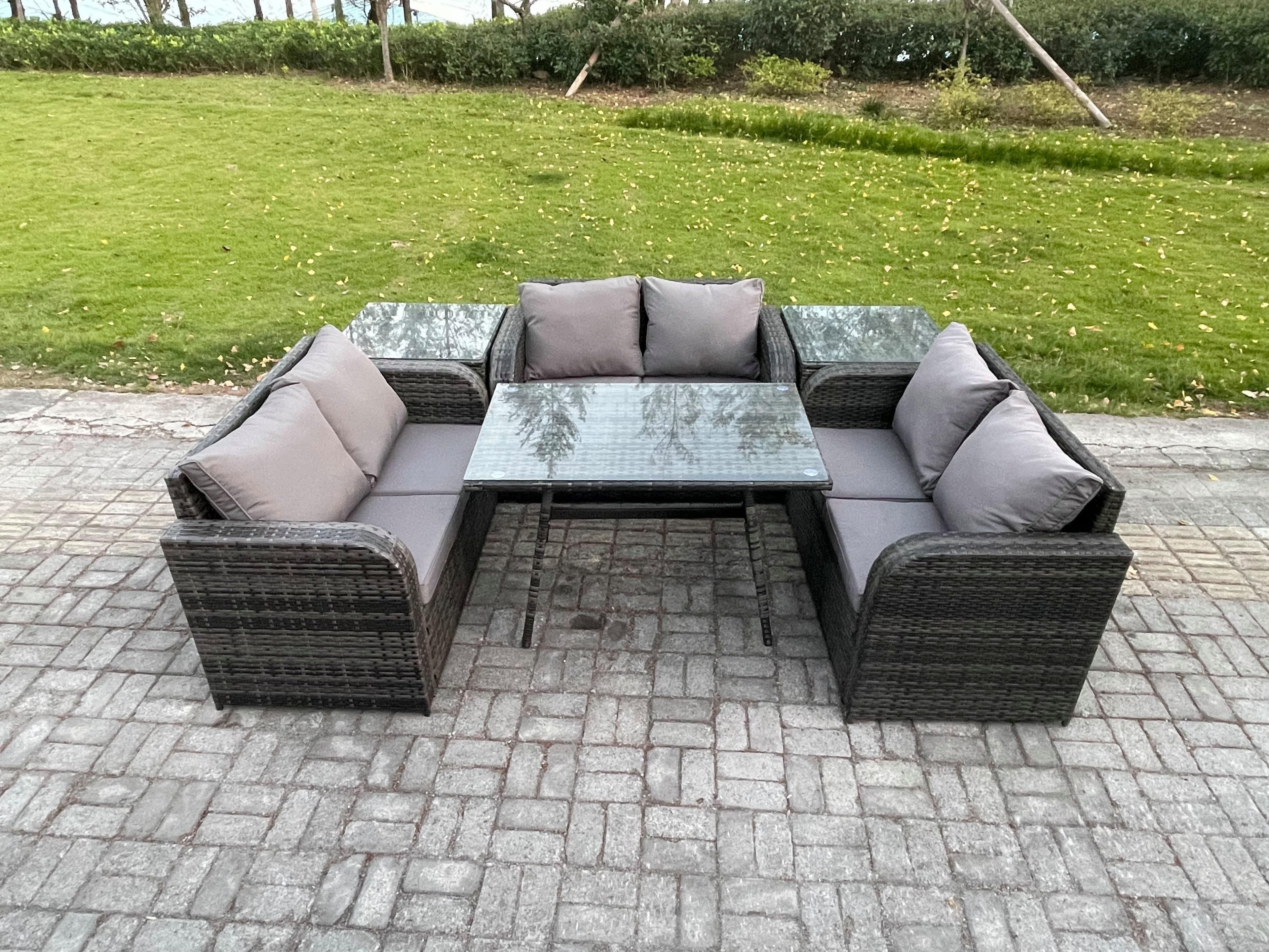 Rattan Garden Furniture Set 6 Seater Patio Outdoor Love Sofa Set Rectangular Dining Table 2 Side Tables