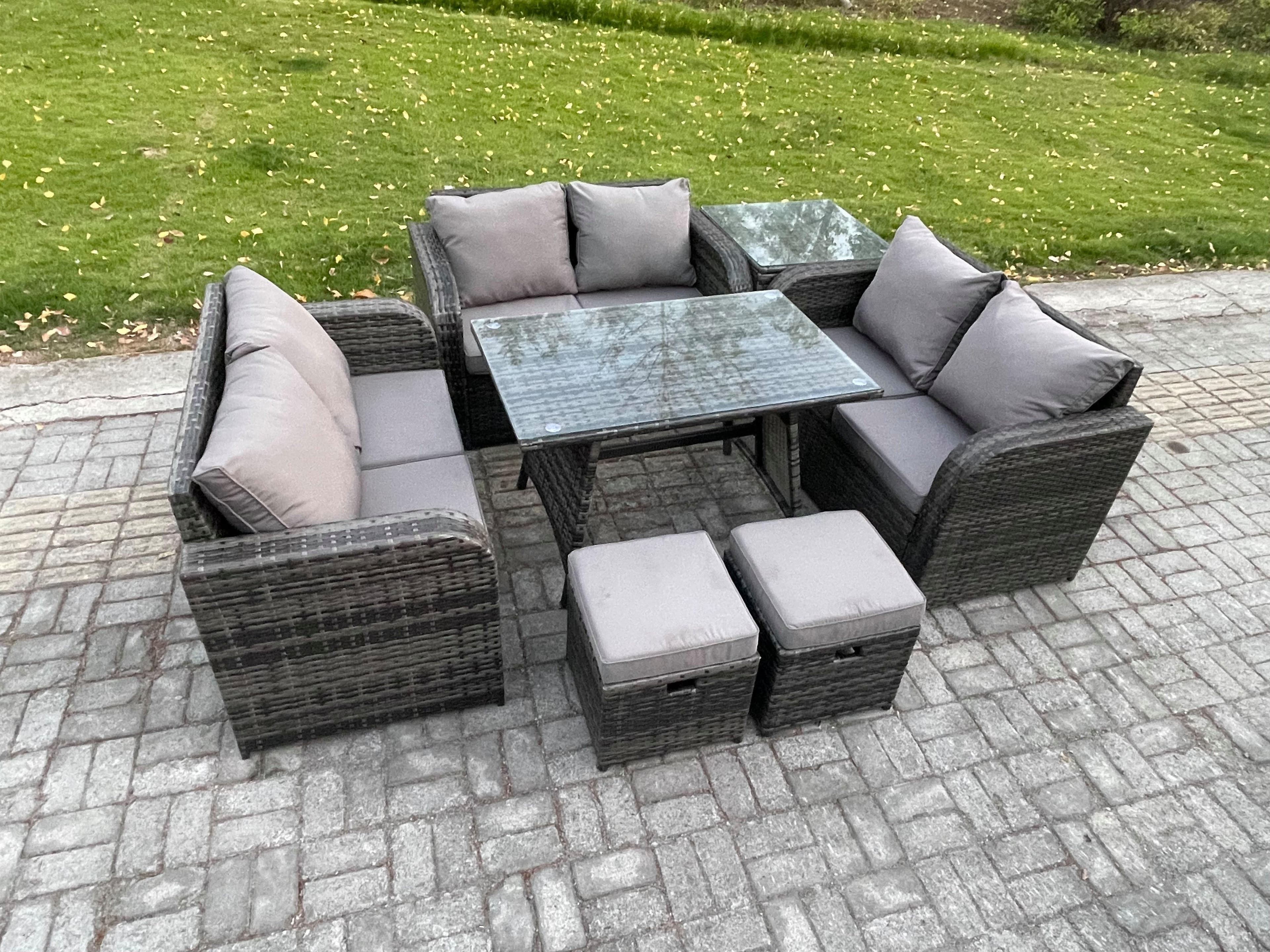 Rattan Garden Furniture Set 8 Seater Patio Outdoor Love Sofa Set Rectangular Dining Table Side Table 2 Small Footstools