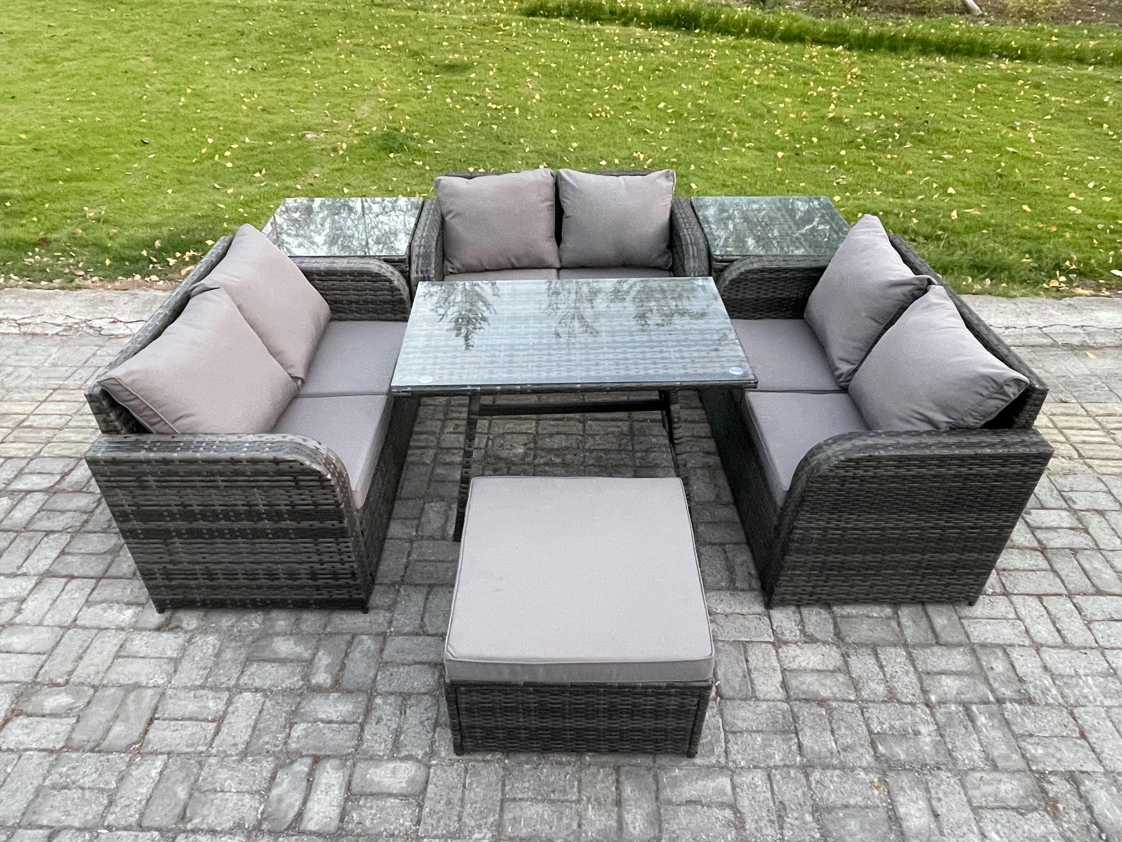 Rattan Garden Furniture Set 7 Seater Patio Outdoor Love Sofa Set Rectangular Dining Table 2 Side Tables Dark Grey Mixed