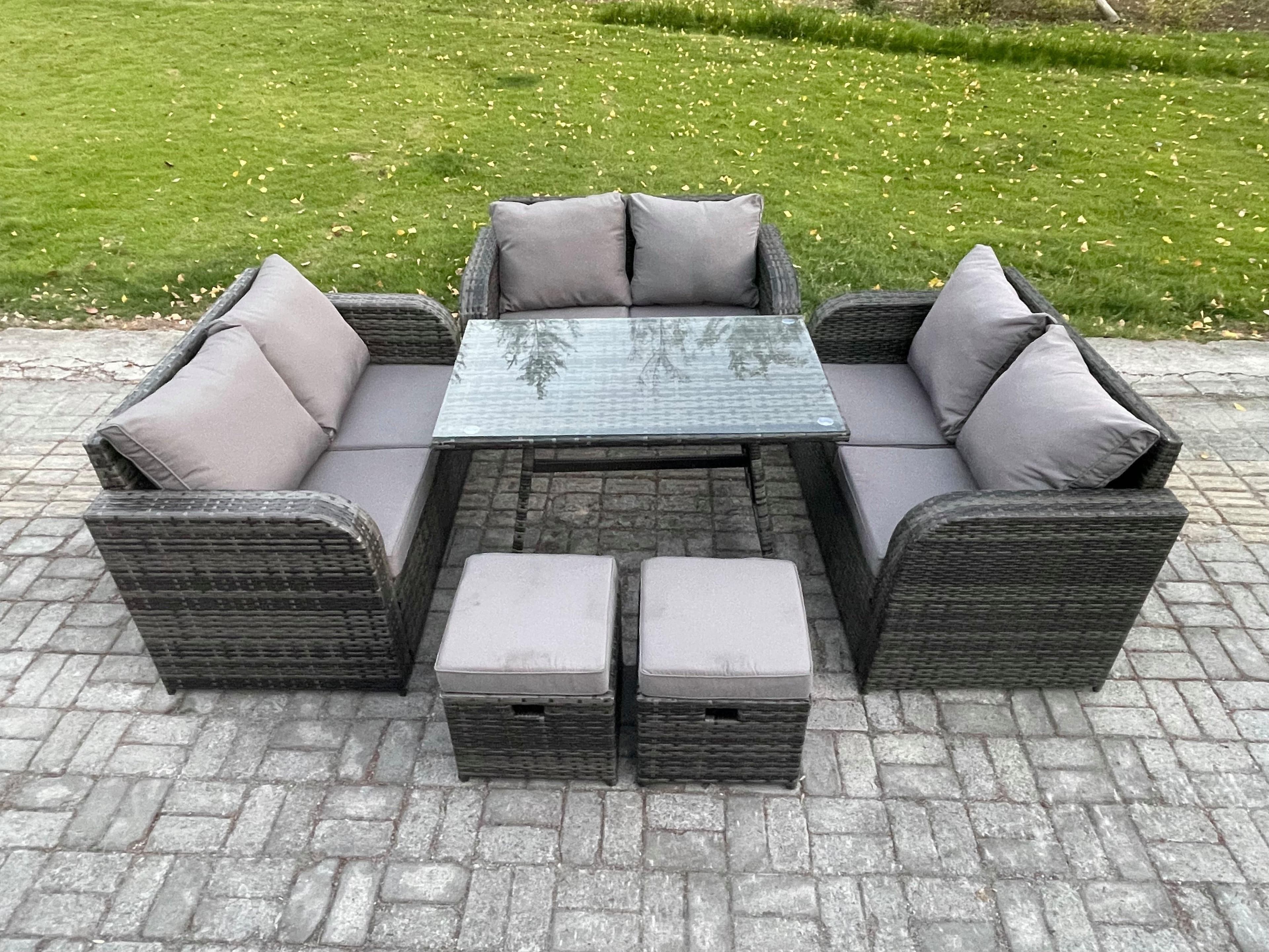 Outdoor Rattan Garden Furniture Set 8 Seater Patio Love Sofa Set Rectangular Dining Table 2 Small Footstool Dark Grey Mixed