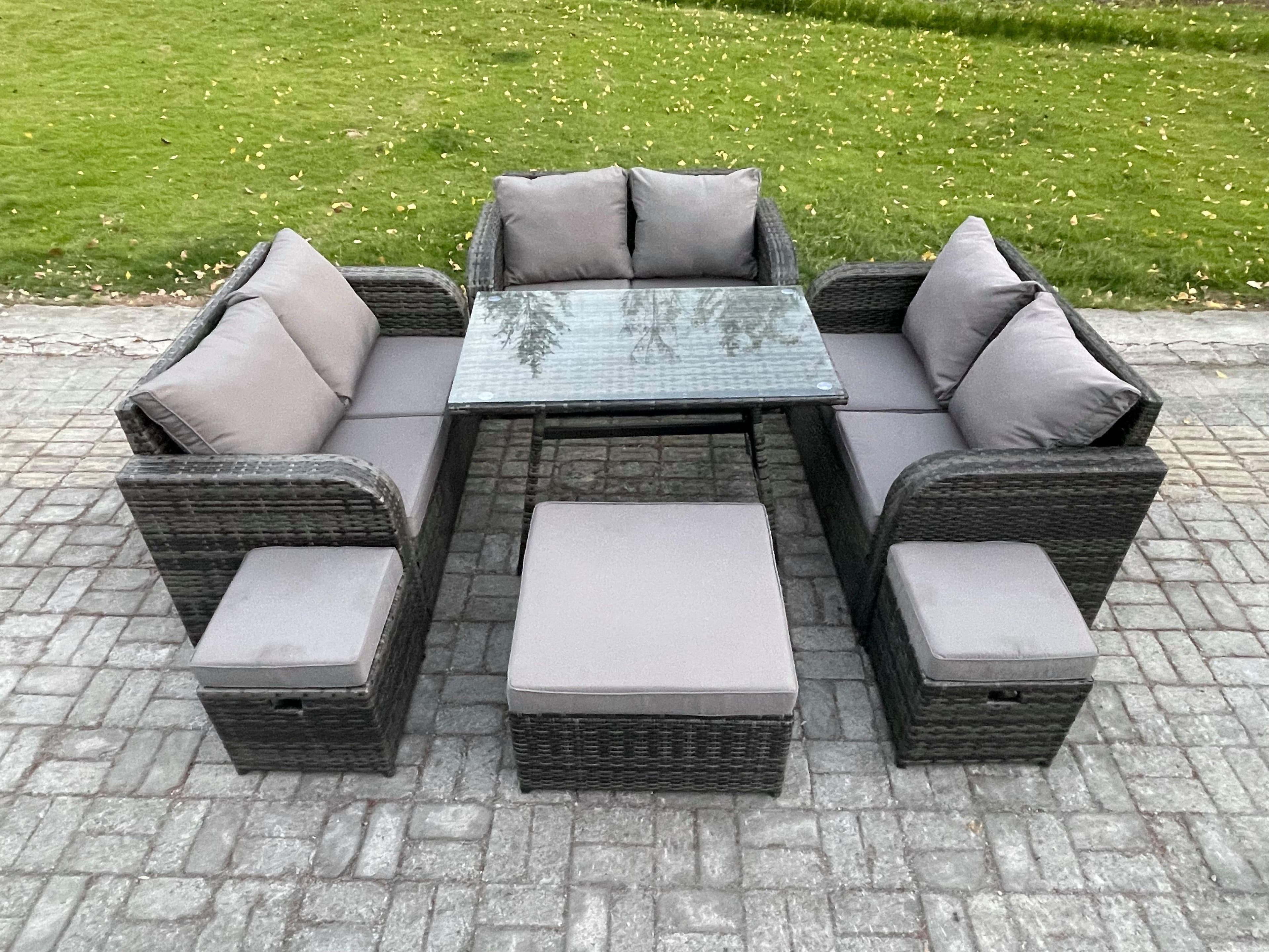 Outdoor Rattan Garden Furniture Set 9 Seater Patio Love Sofa Set Rectangular Dining Table 3 Footstools Dark Grey Mixed