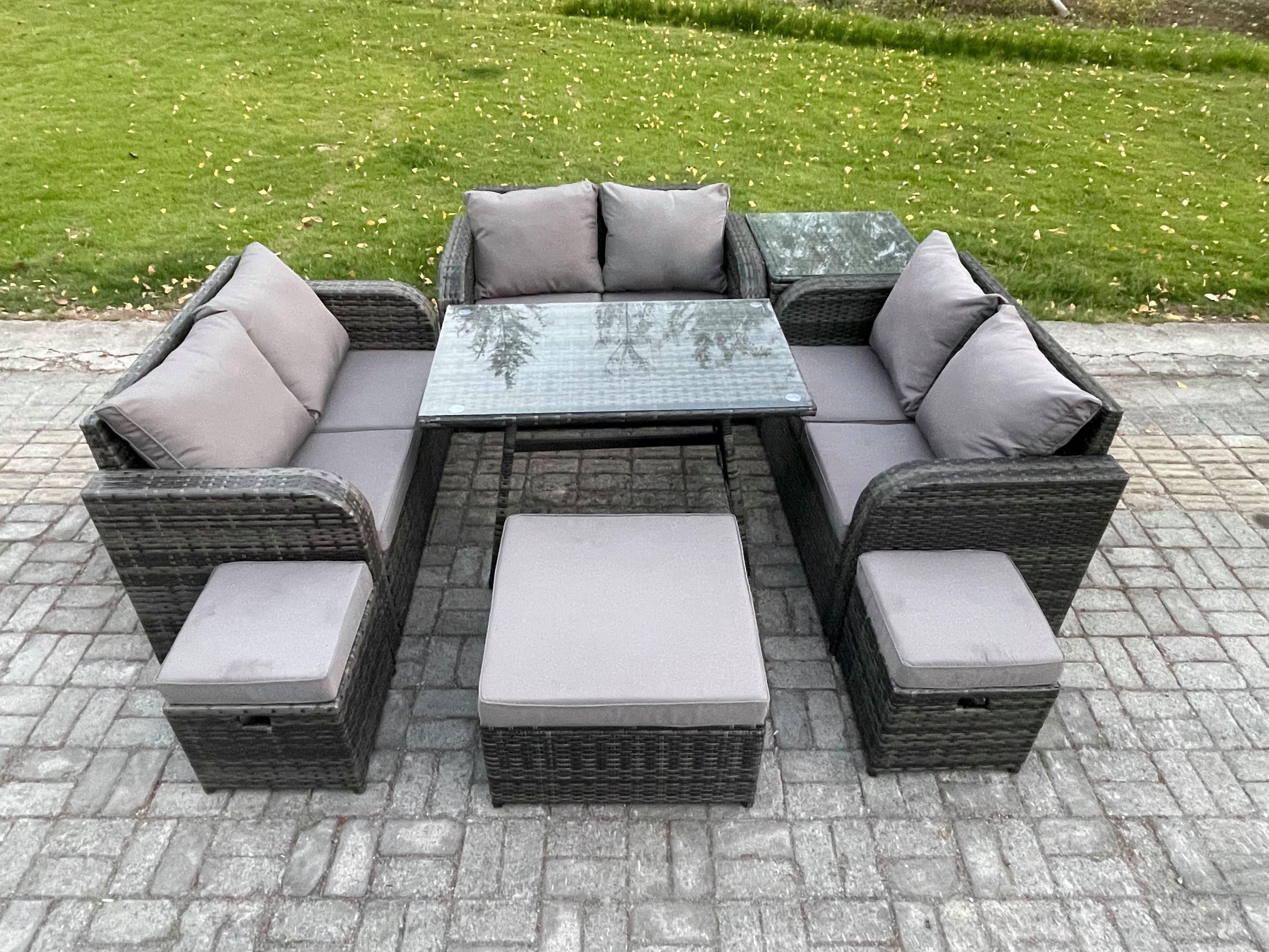 Outdoor Rattan Garden Furniture Set 9 Seater Patio Love Sofa Set Rectangular Dining Table 3 Footstools Side Table