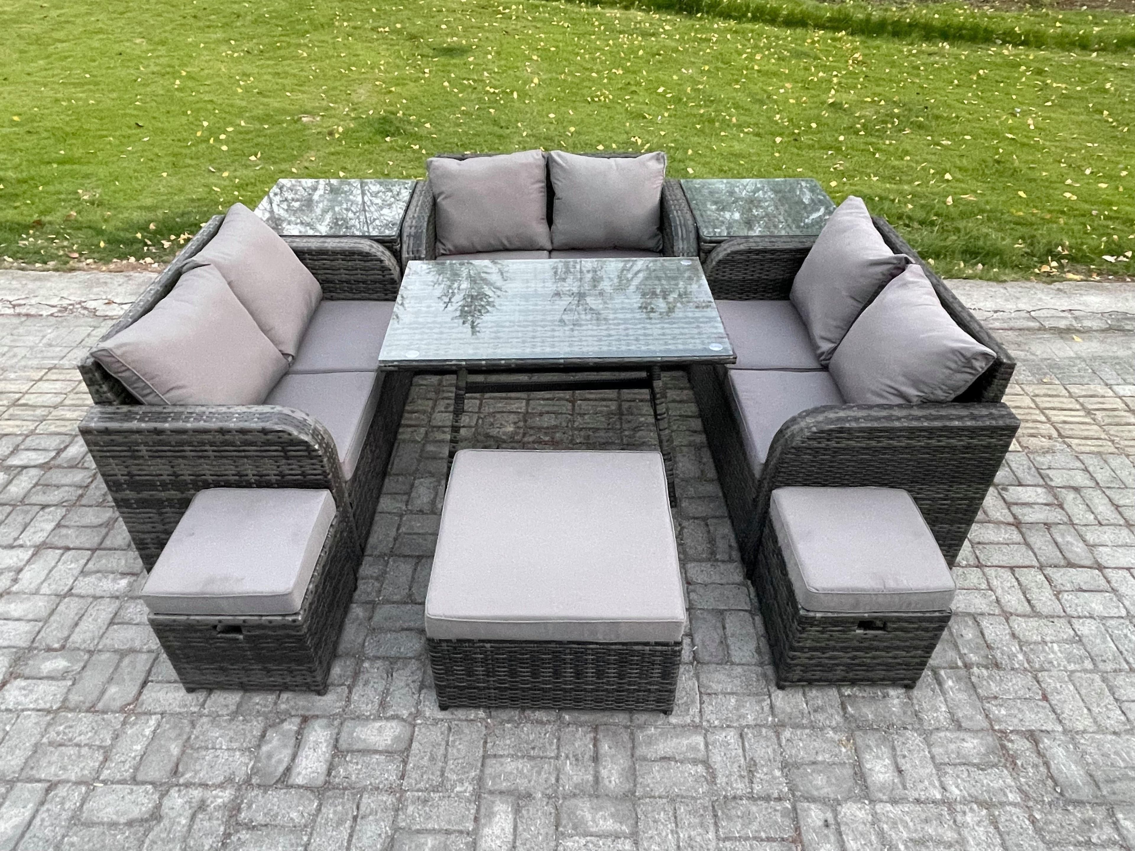 Outdoor Rattan Garden Furniture Set Patio Love Sofa Set Rectangular Dining Table 3 Footstools 2 Side Tables Dark Grey Mixed