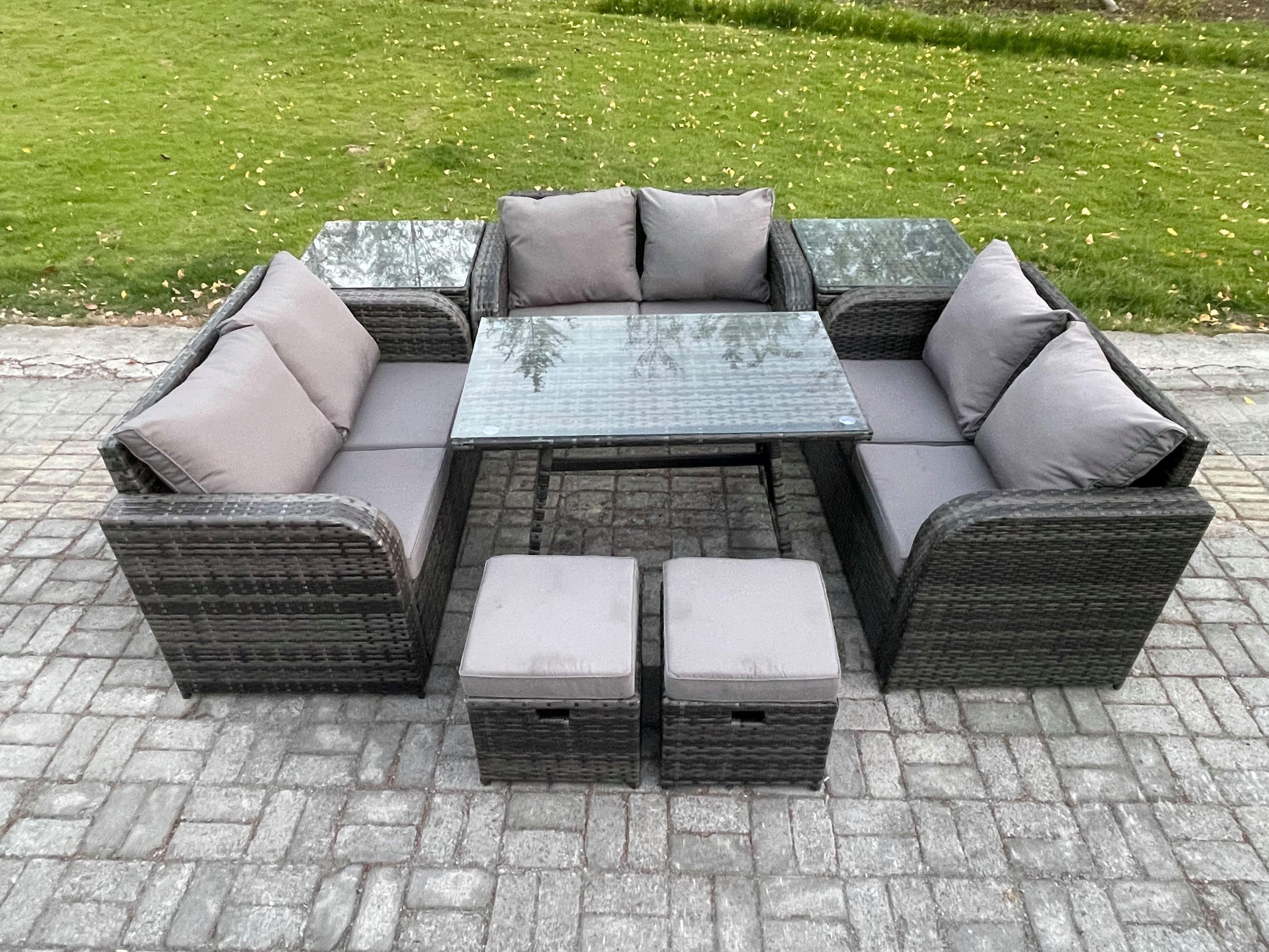 Outdoor Rattan Garden Furniture Set 8 Seater Patio Love Sofa Set Rectangular Dining Table 2 Small Footstools 2 Side Tables