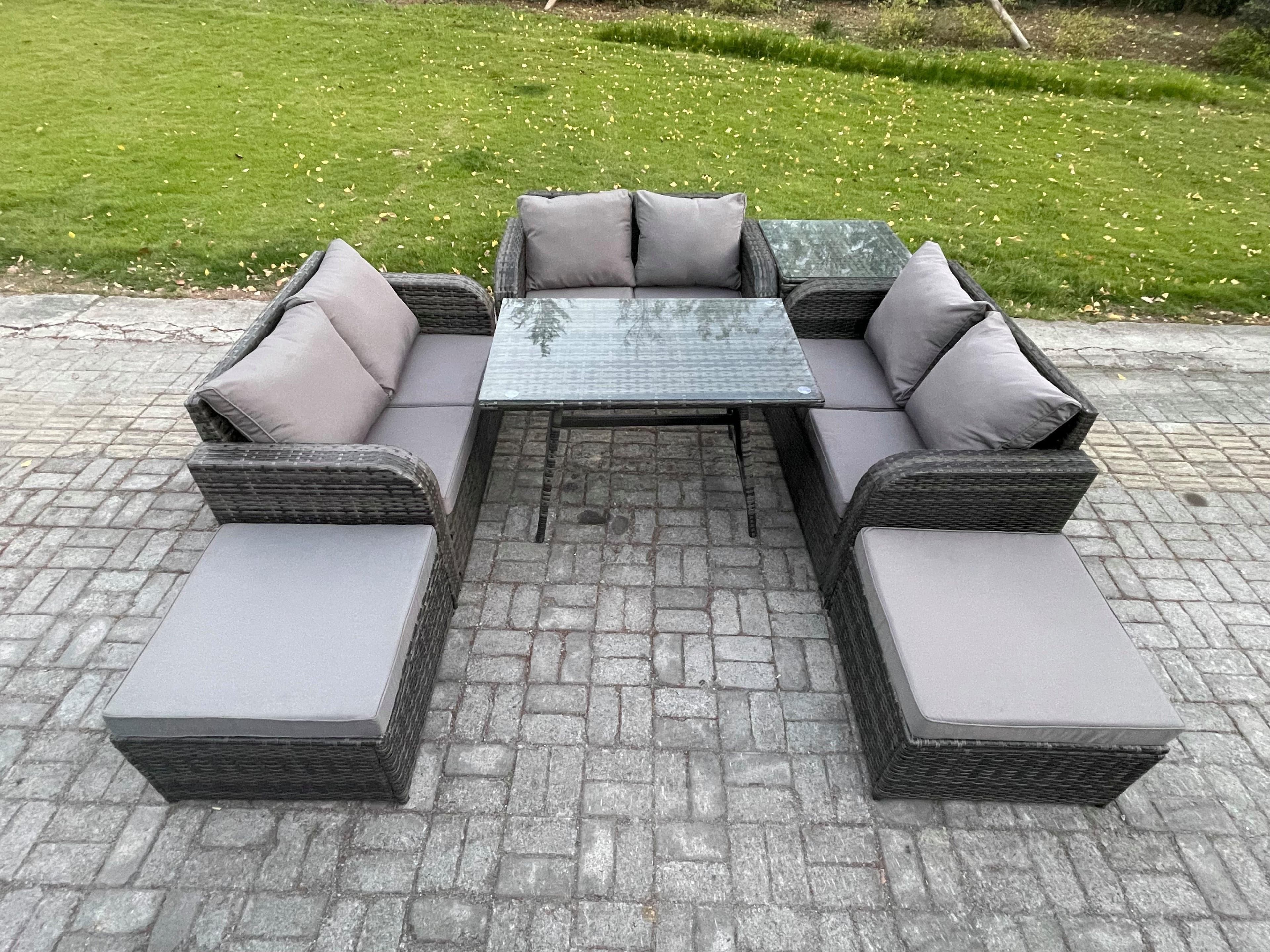 Outdoor Rattan Garden Furniture Set 8 Seater Patio Love Sofa Set Rectangular Dining Table 2 Big Footstool Side Table