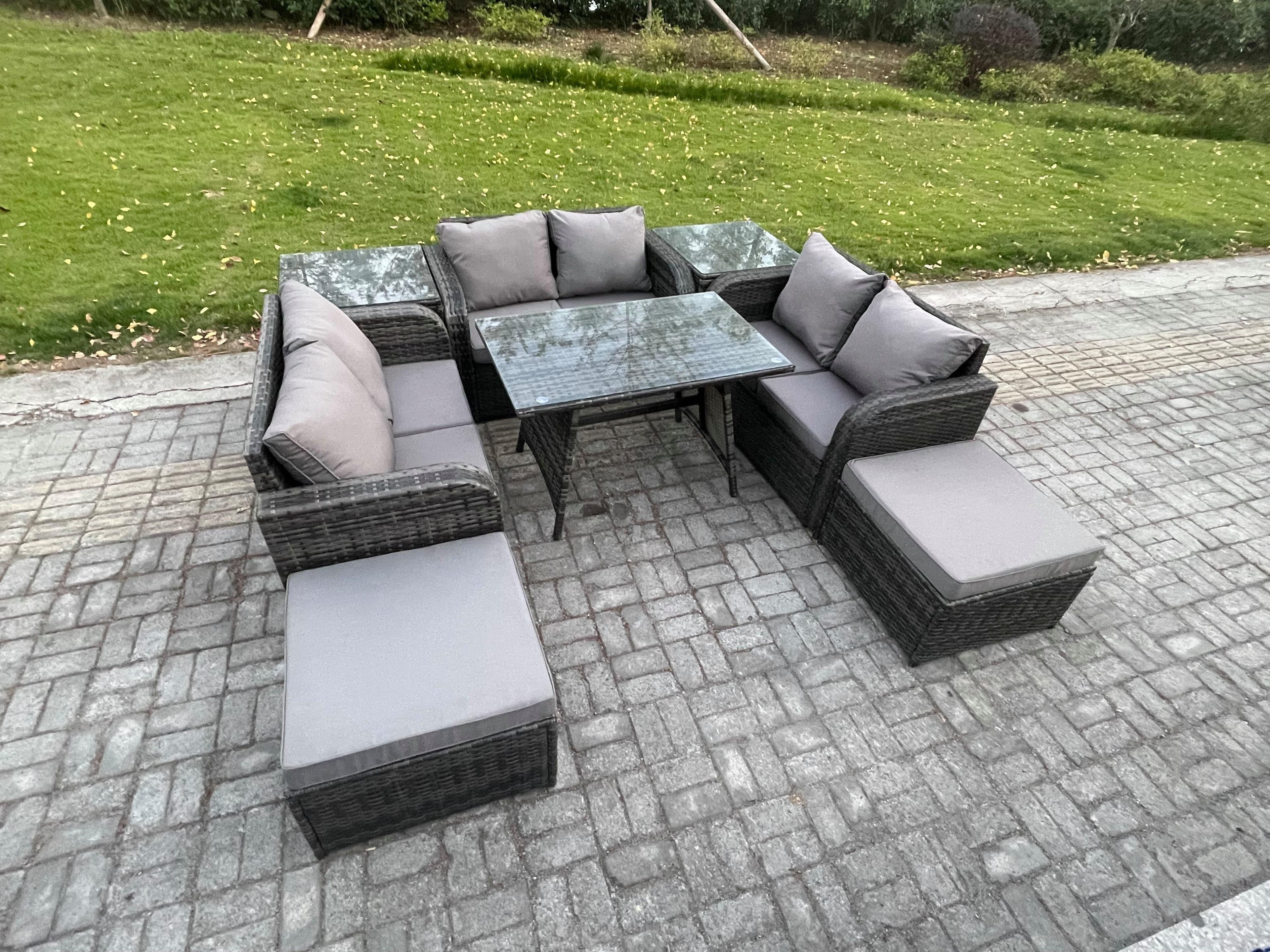 Outdoor Rattan Garden Furniture Set 8 Seater Patio Love Sofa Set Rectangular Dining Table 2 Big Footstool 2 Side Tables