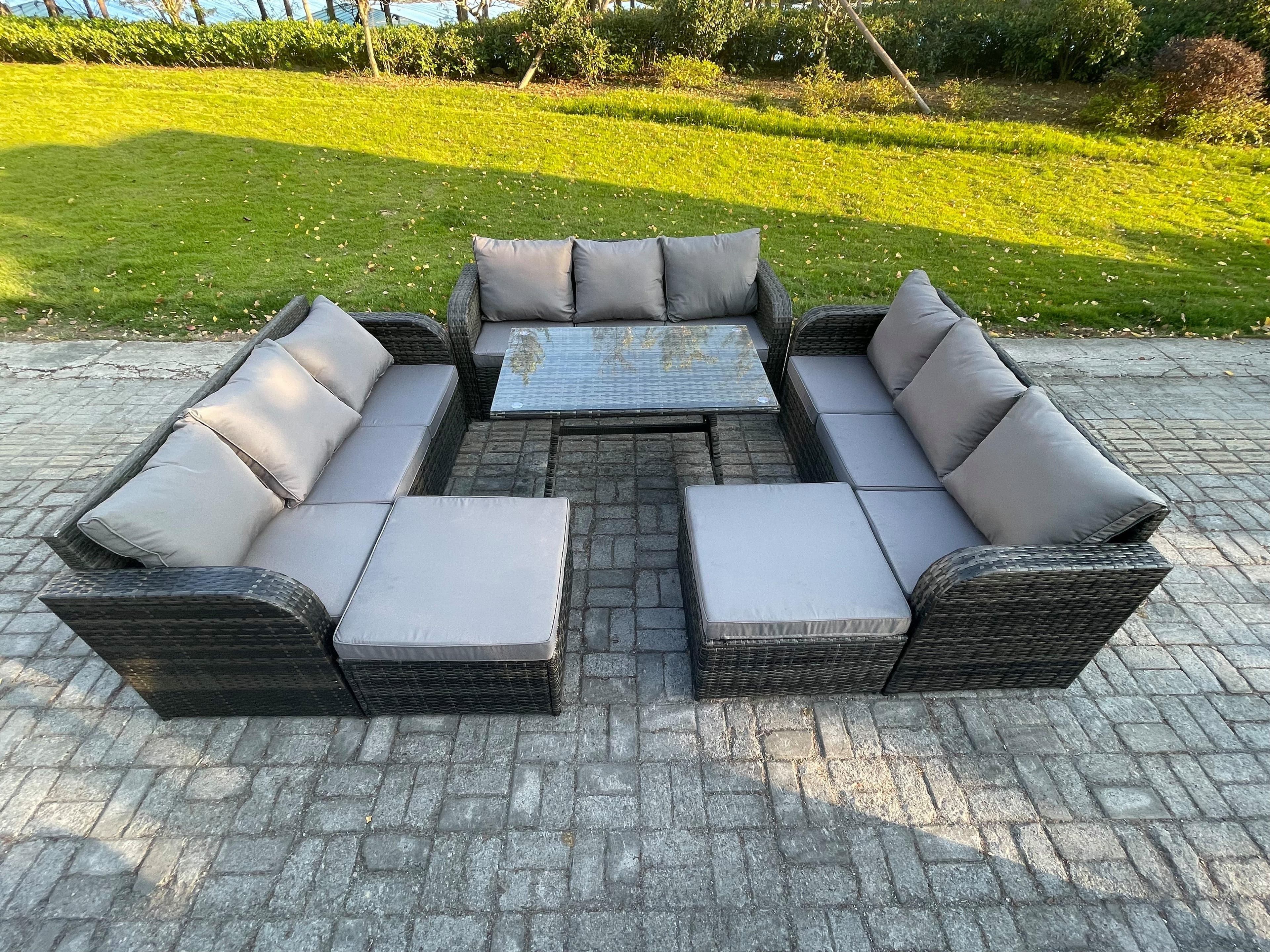 Rattan Garden Furniture Dining Set 11 seater Patio Rectangular Table 2 Big Footstool