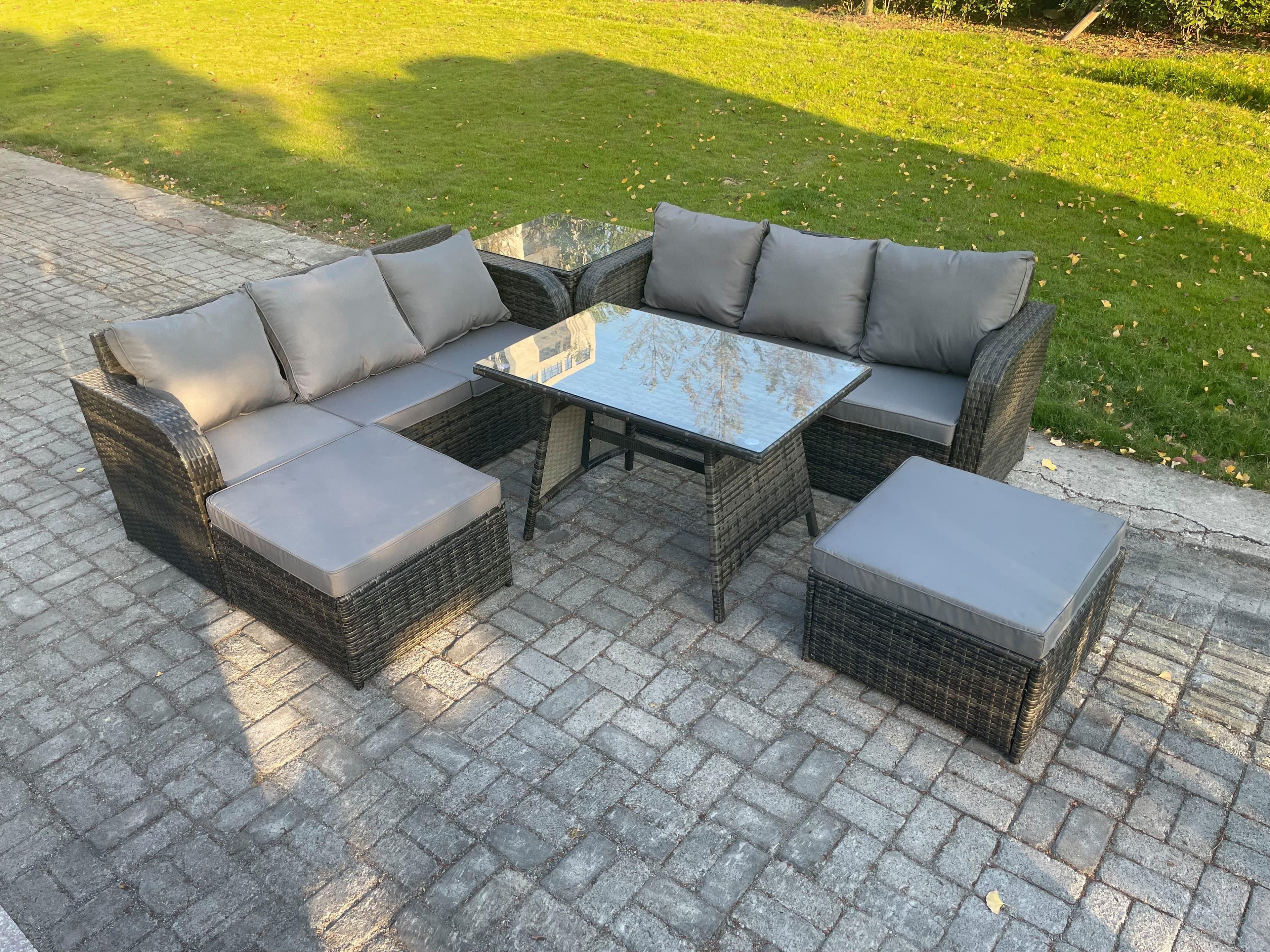 Rattan Garden Furniture Dining Set 8 seater Patio Rectangular Table 2 Big Footstool Side Table Dark Grey Mixed