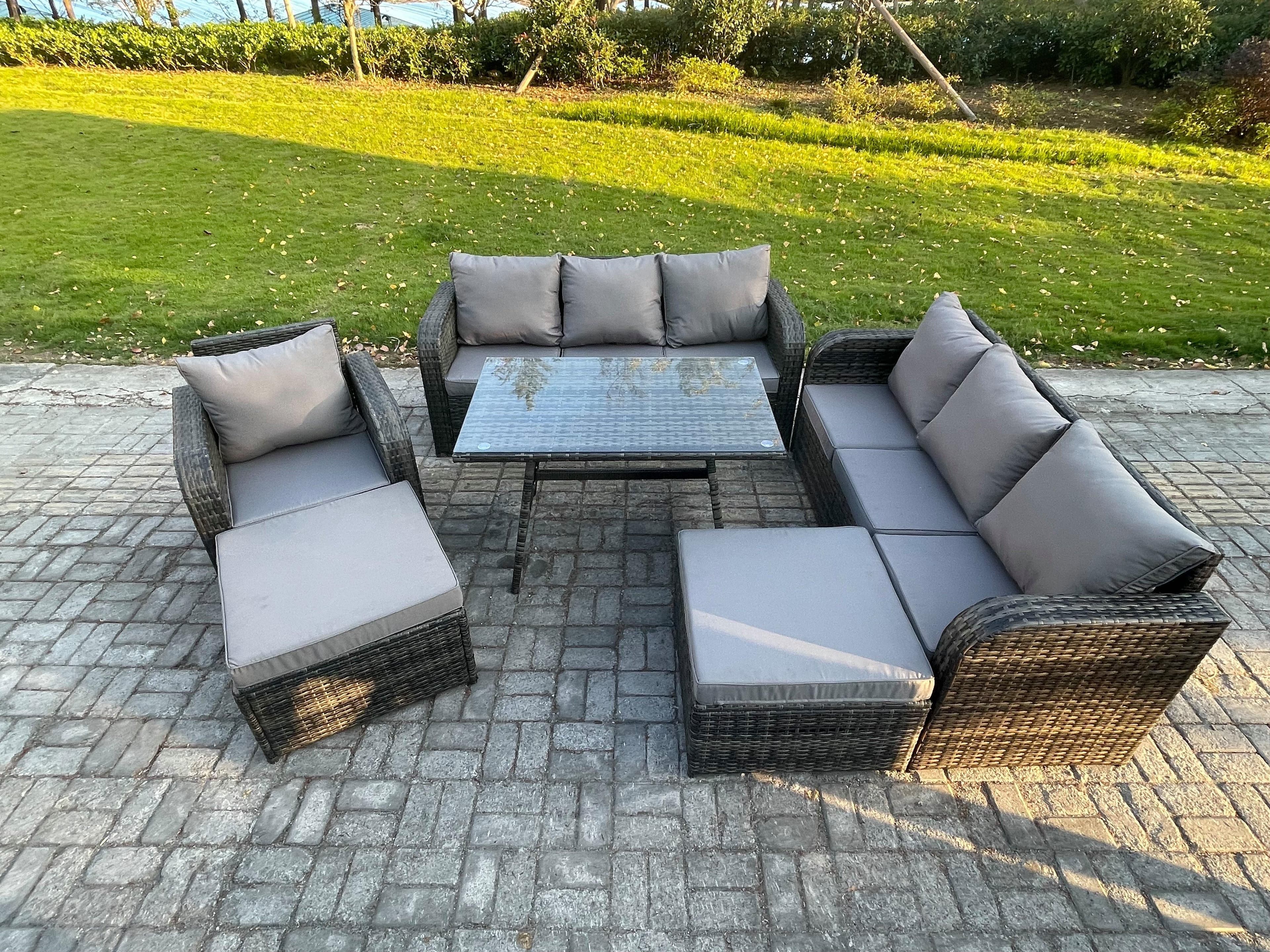 Rattan Garden Furniture Dining Set 9 seater Patio Rectangular Table 2 Big Footstool Dark Grey Mixed