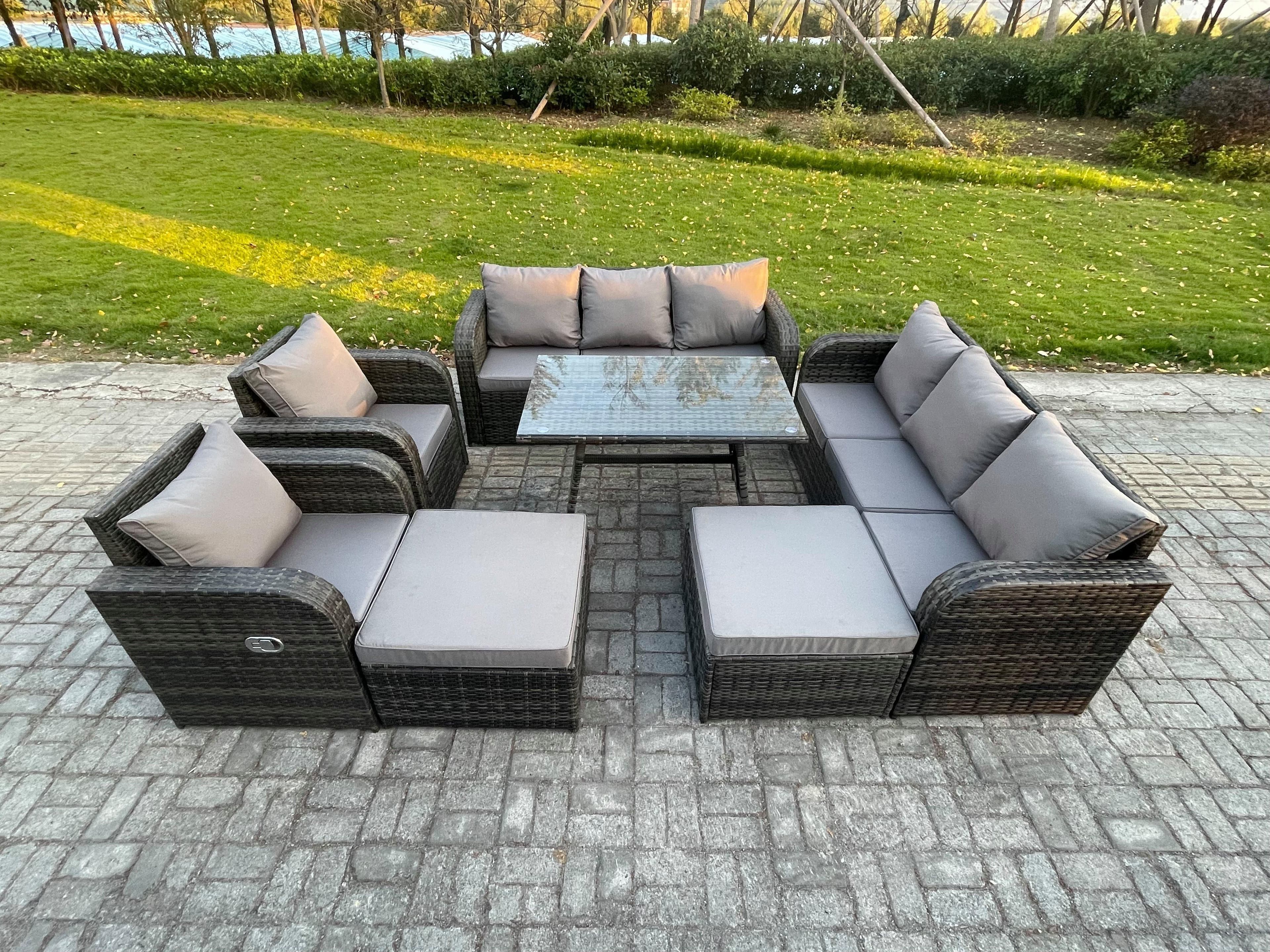 Rattan Garden Furniture Dining Set 10 seater Patio Rectangular Table 2 Big Footstool Dark Grey Mixed