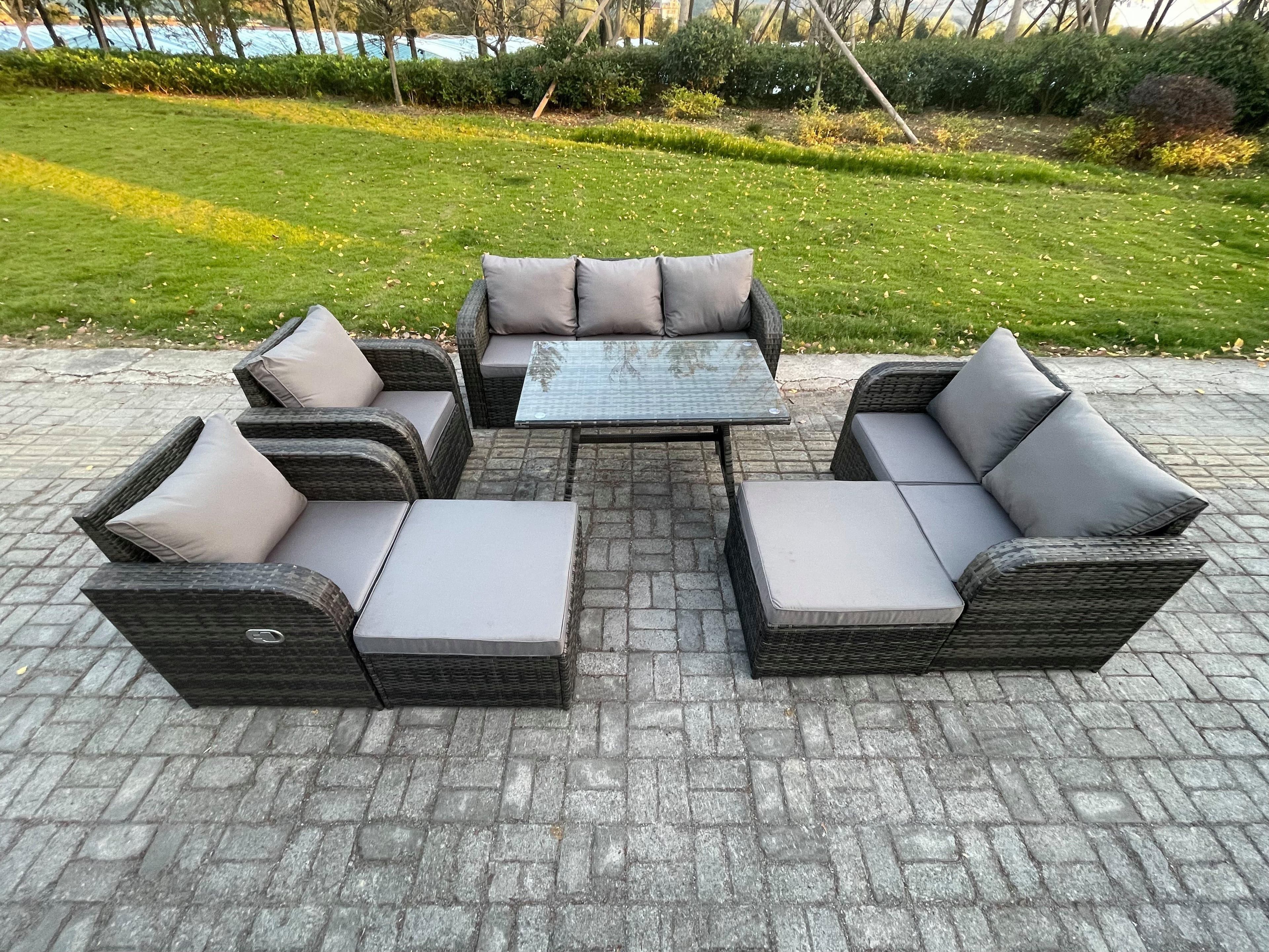 Rattan Garden Furniture Dining Set 9 seater Patio Rectangular Table 2 Big Footstool Love Sofa Dark Grey Mixed