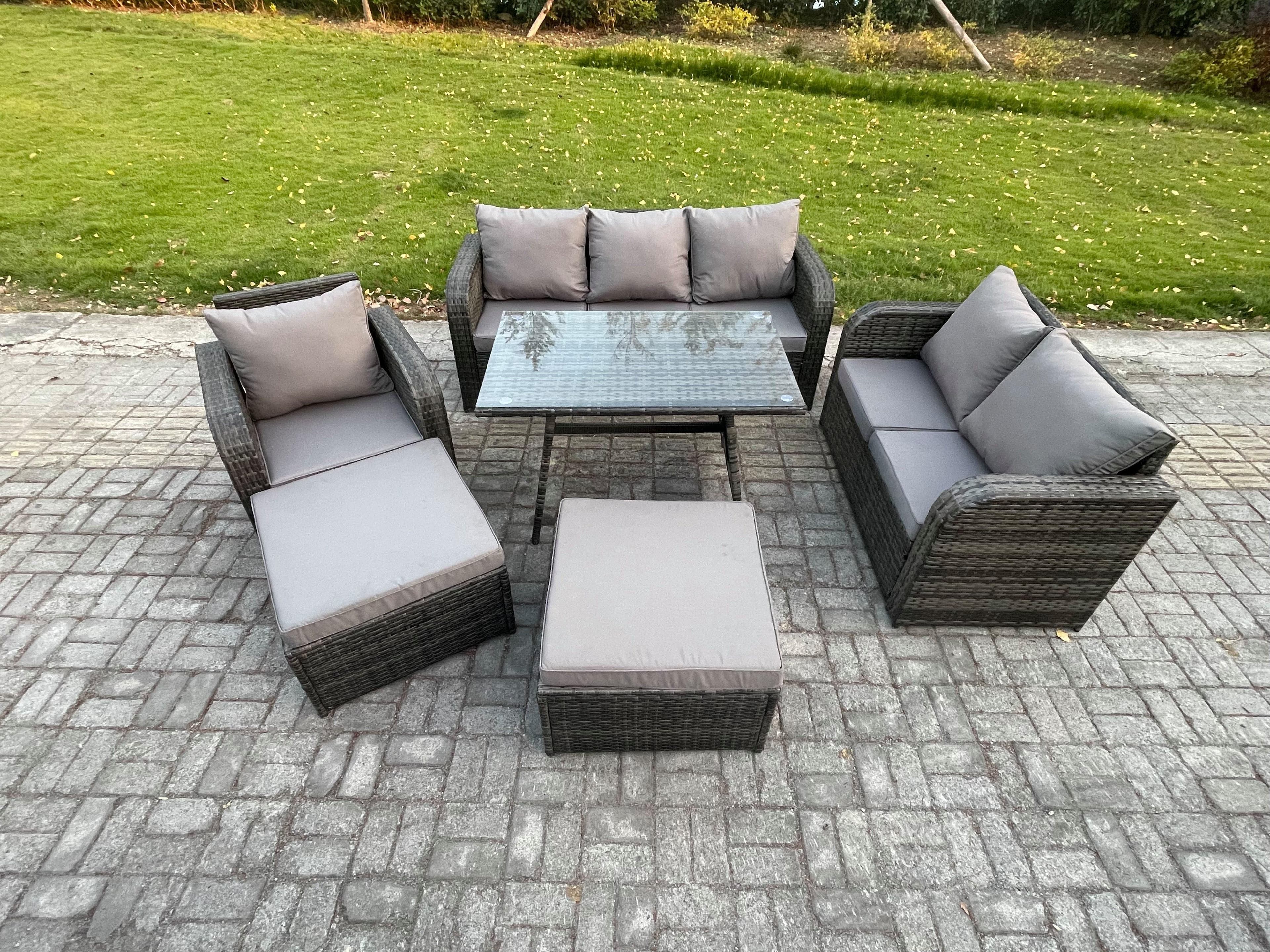 Rattan Garden Furniture Dining Set 8 seater Patio Rectangular Table 2 Big Footstool Love Sofa Reclining Chair Dark Grey Mixed