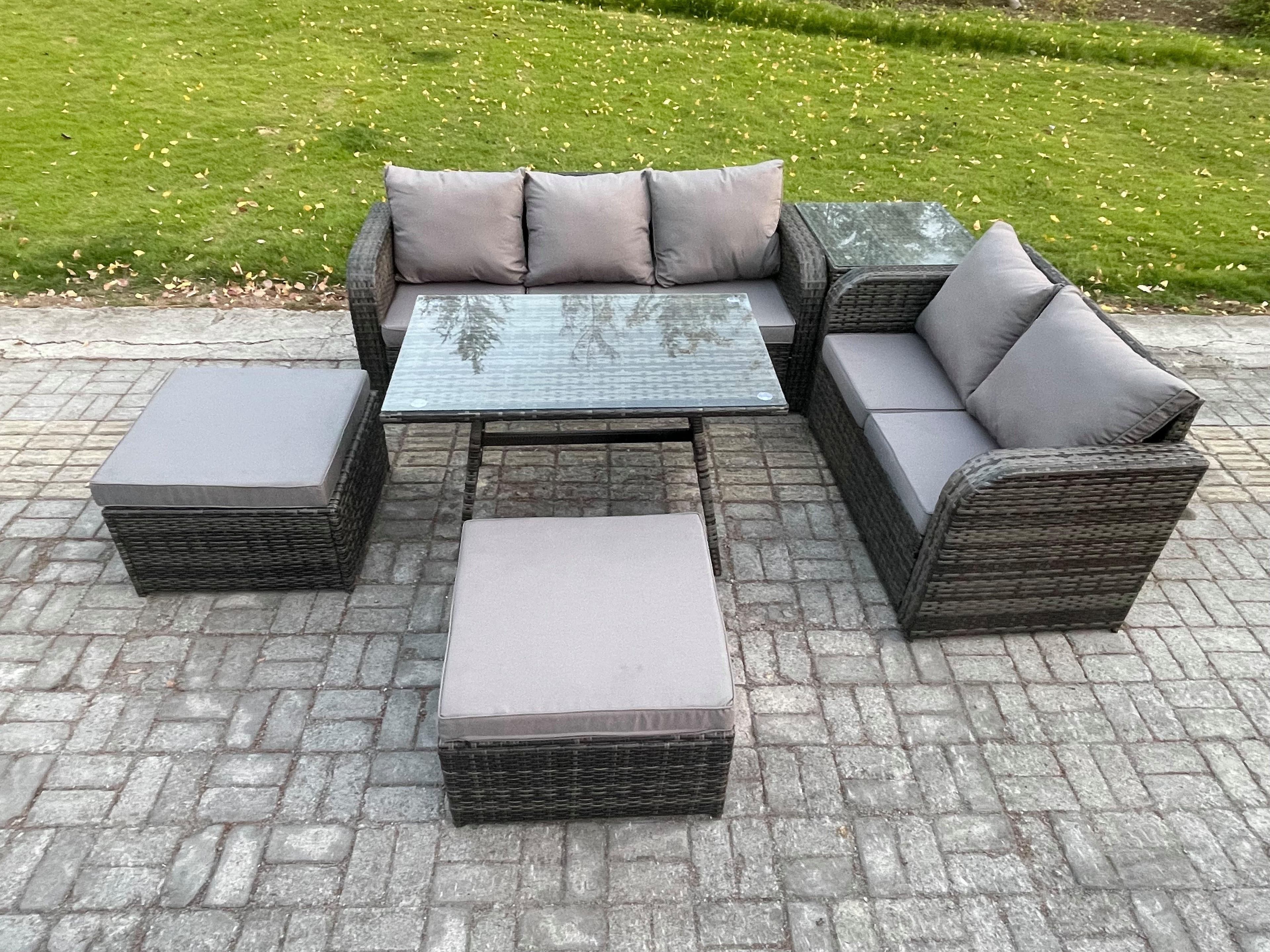Rattan Garden Furniture Dining Set 7 seater Patio Rectangular Table 2 Big Footstool Love Sofa Side Table Dark Grey Mixed