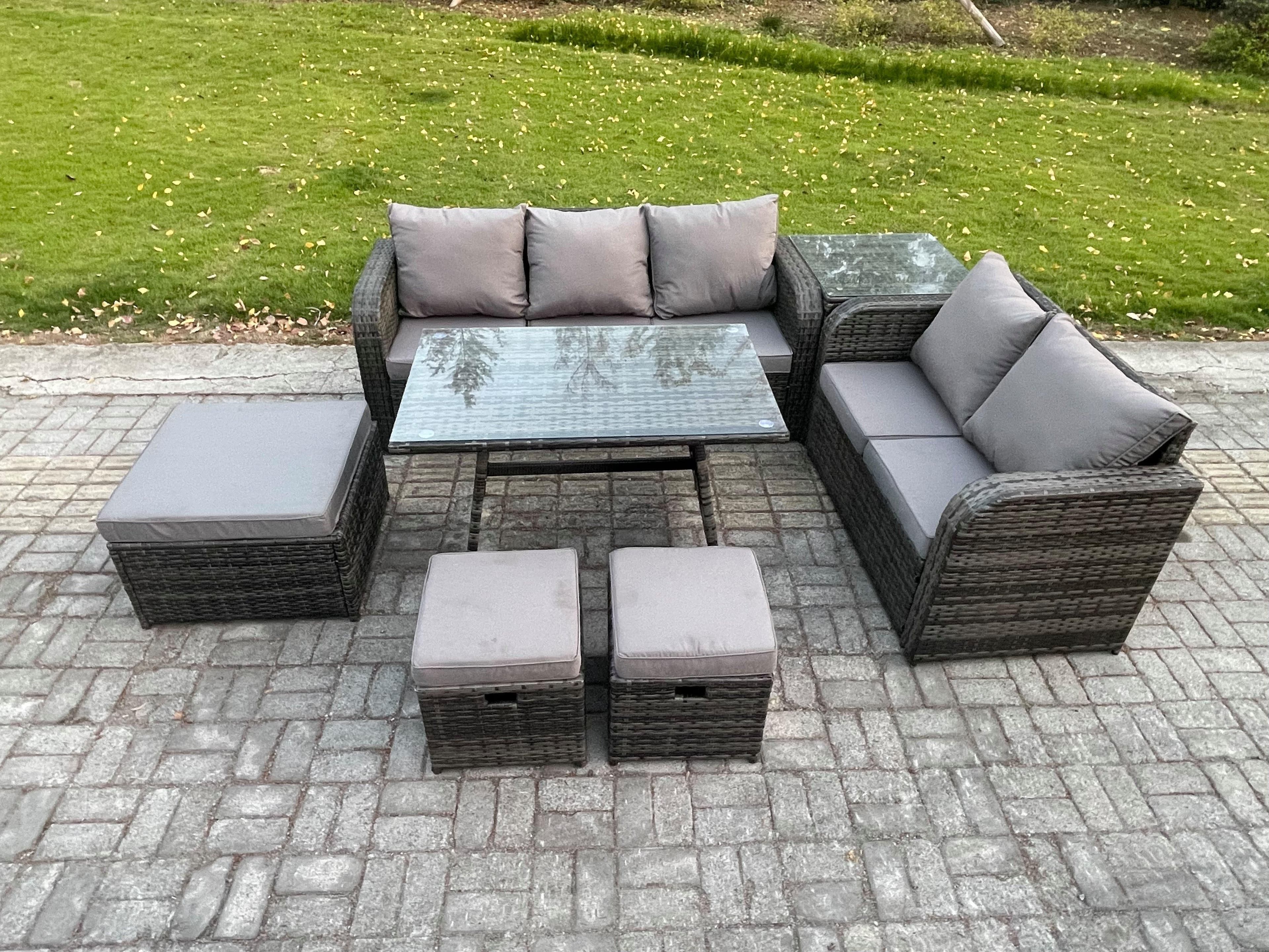 Rattan Garden Furniture Dining Set 8 seater Patio Rectangular Table 3 Footstools Love Sofa Side Table Dark Grey Mixed