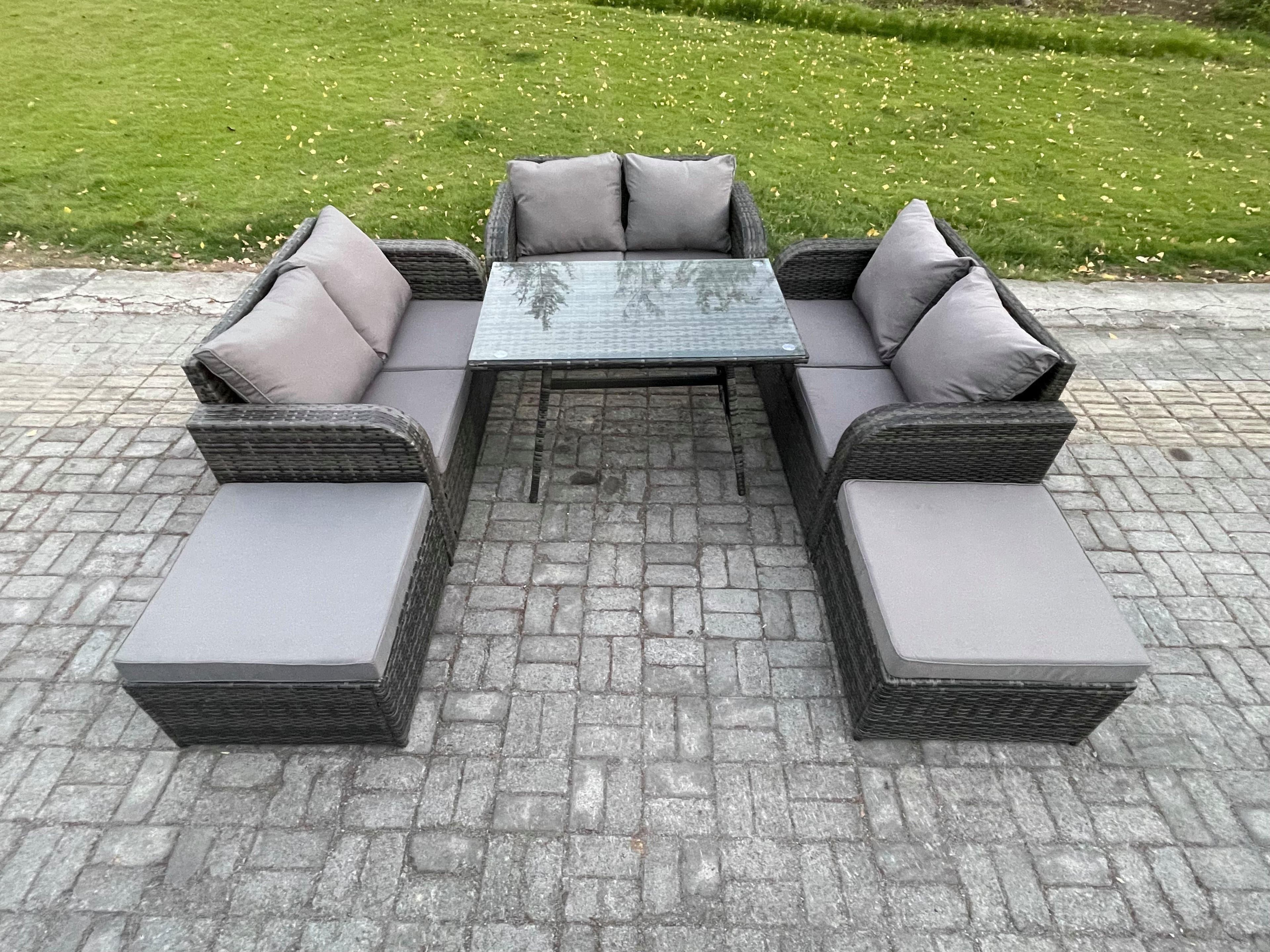 Garden Furniture Sets 8 Seater Rattan Furniture Manual Wicker Patio Sofa Patio Conversation Set 2 Big Footstool Dark Grey Mixed