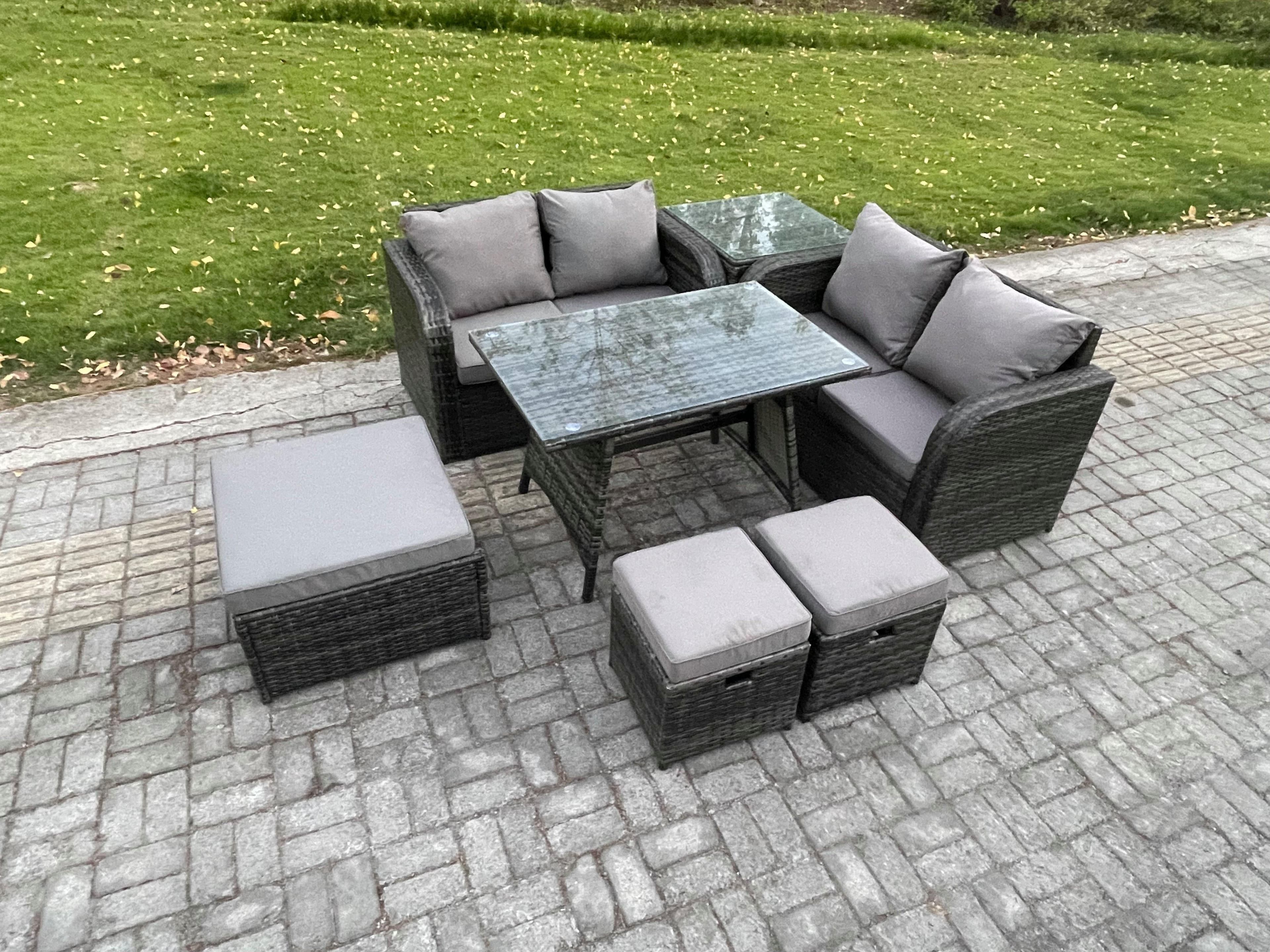 Outdoor Garden Furniture Sets 7 Pieces Rattan Furniture Manual Wicker Patio Sofa Patio Conversation Set 2 Big Footstool Side Table