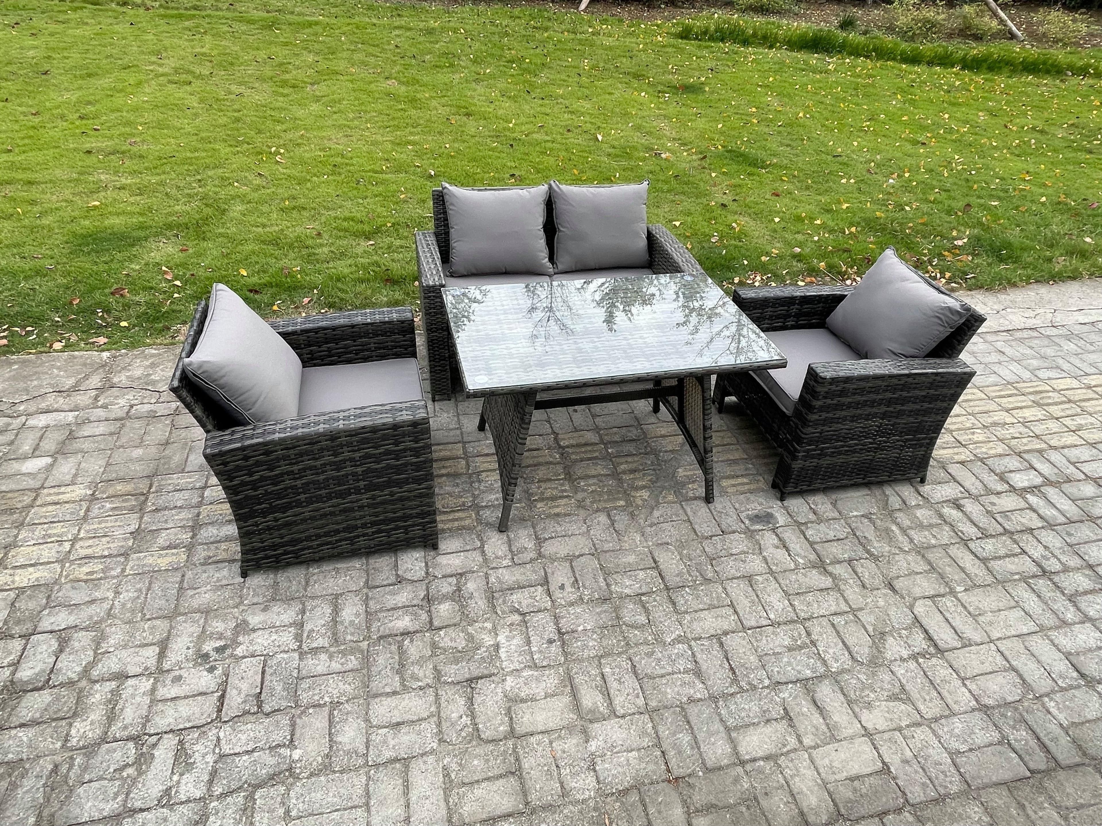 Outdoor Garden Furniture High Back Rattan Sofa Dining Table Set Dark Grey Mixed