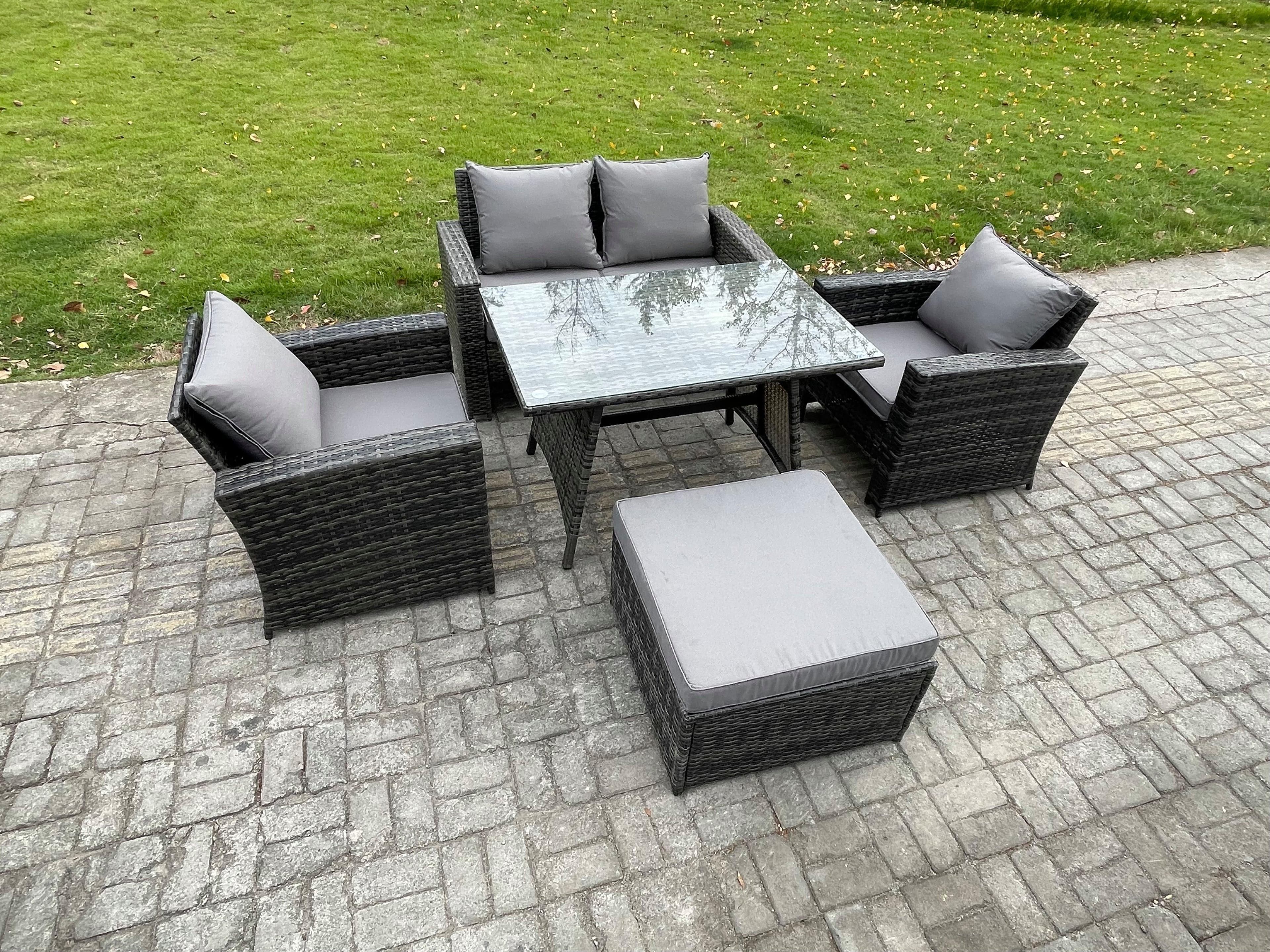 Outdoor Garden Furniture High Back Rattan Sofa Dining Table Set Big Footstool Dark Grey Mixed