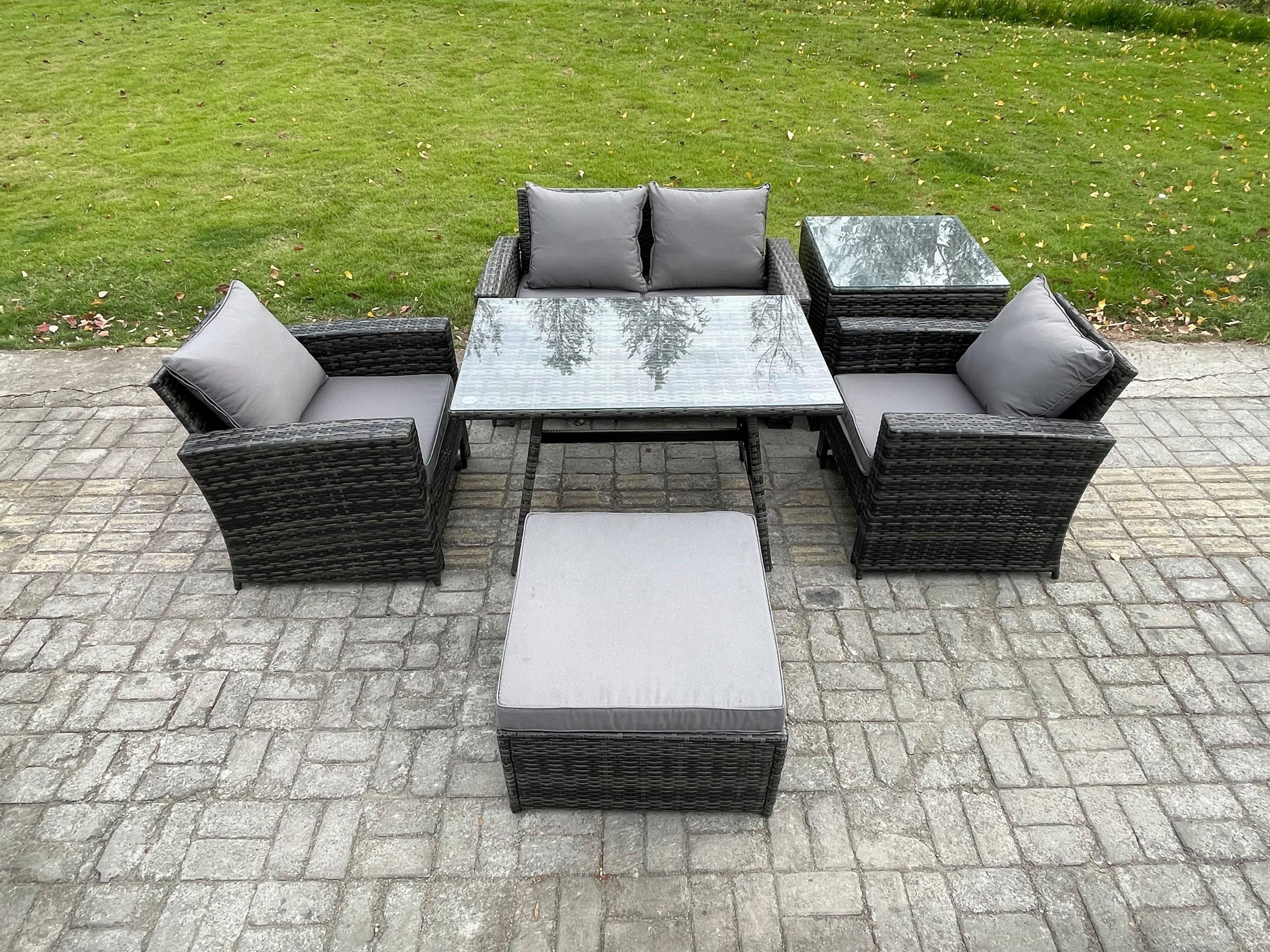 Outdoor Garden Furniture High Back Rattan Sofa Dining Table Set Big Footstool Side Table