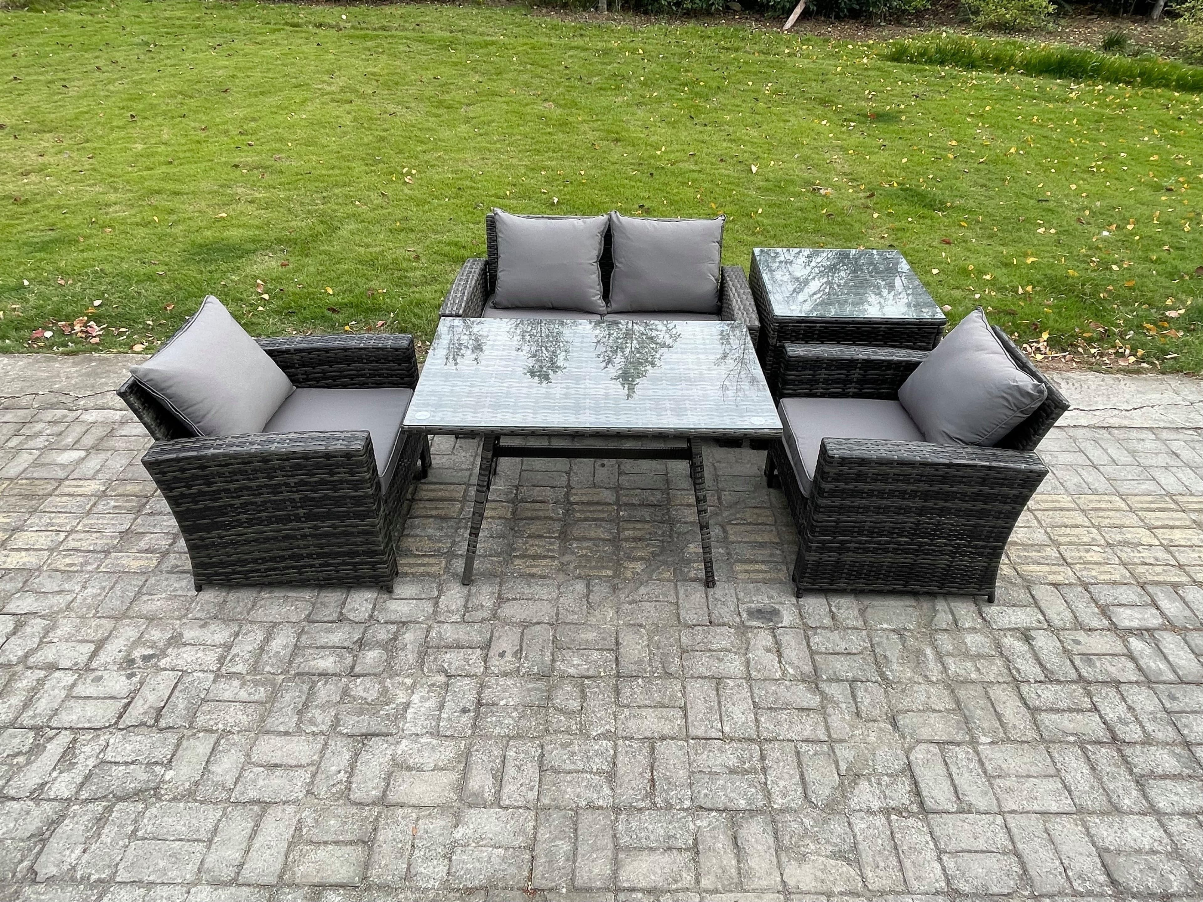 Outdoor Garden Furniture High Back Rattan Sofa Dining Table Set Side Table Dark Grey Mixed