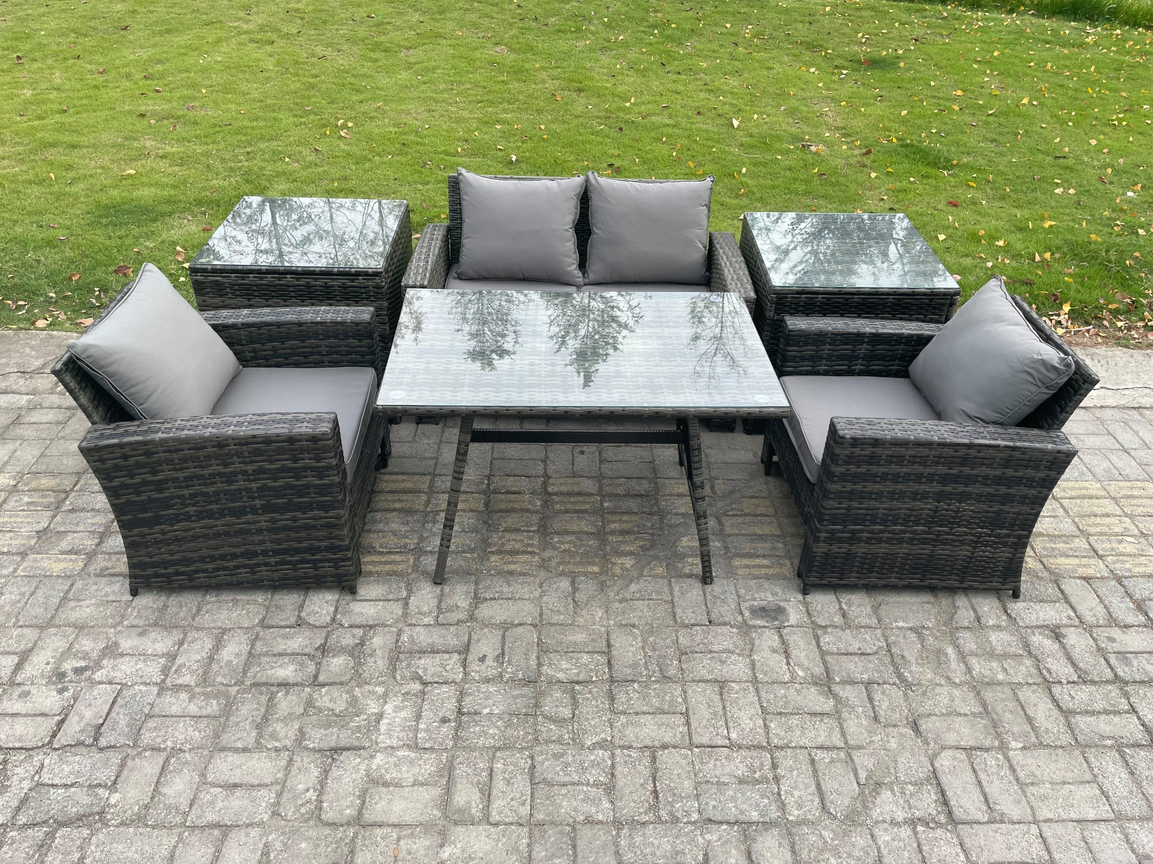 Outdoor Garden Furniture High Back Rattan Sofa Dining Table Set 2 Side Tables Dark Grey Mixed