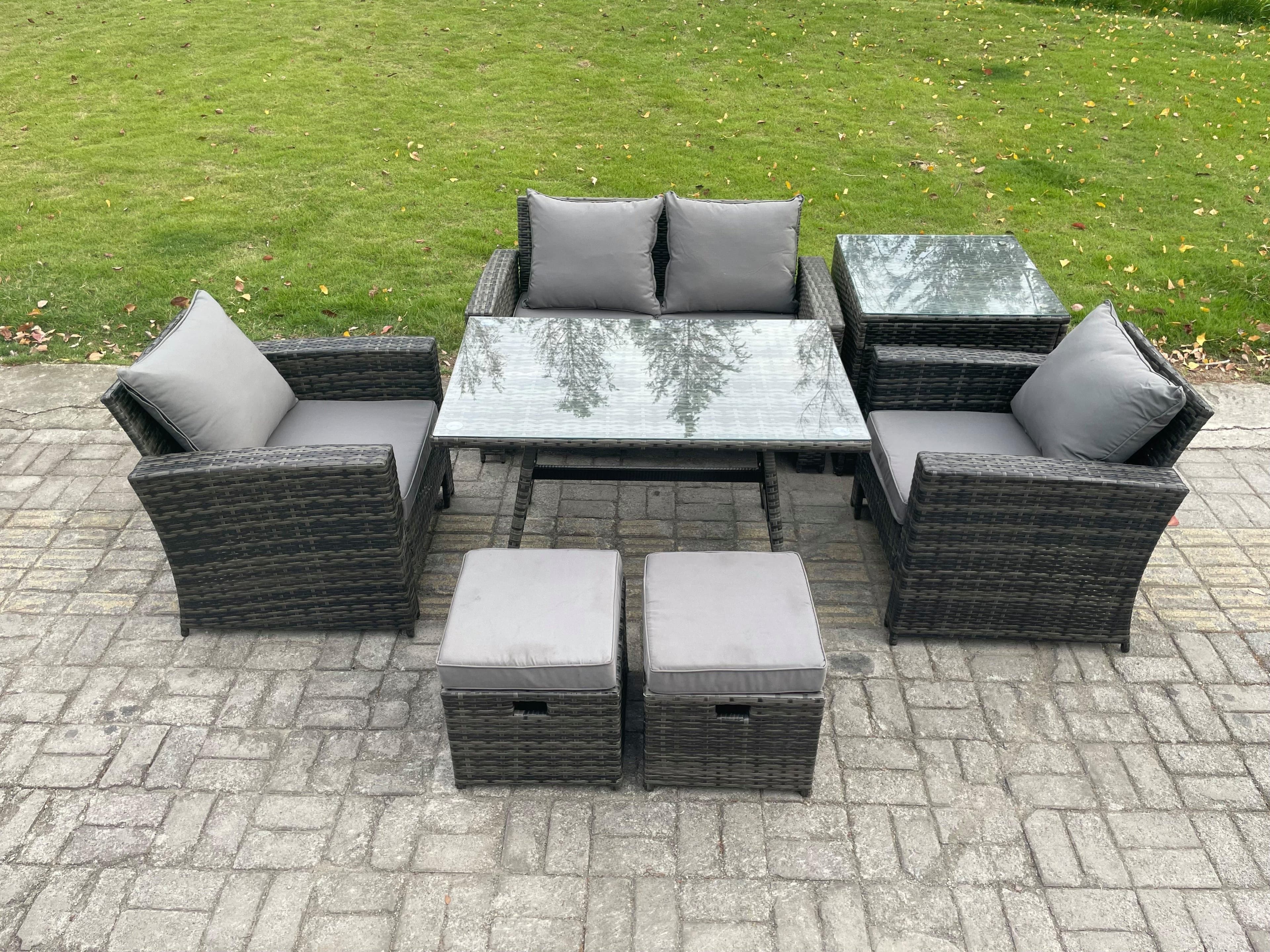 6 Seater Outdoor Garden Furniture High Back Rattan Sofa Dining Table Set SideTable 2 Small Footstools
