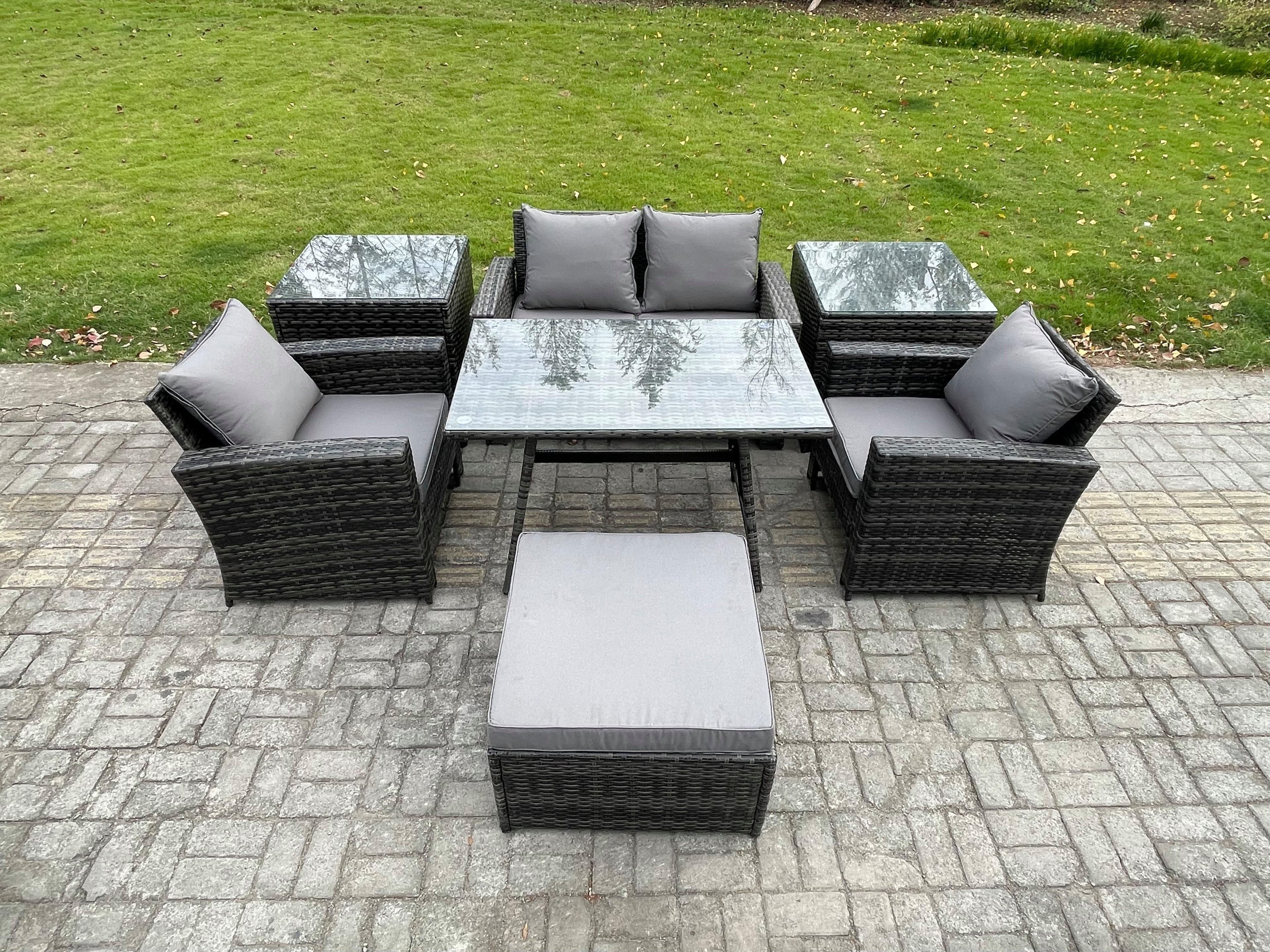 5 Seater Outdoor Garden Furniture High Back Rattan Sofa Dining Table Set 2 SideTables Big Footstool