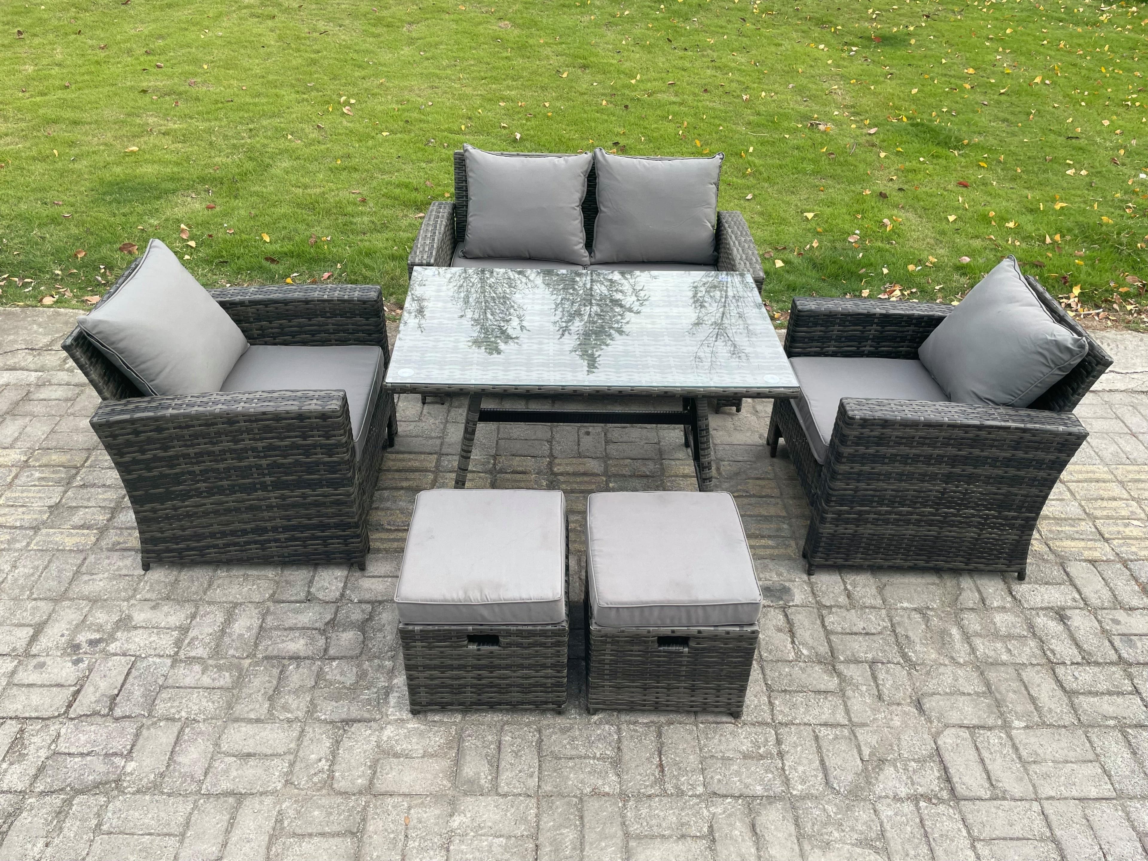 6 Seater Outdoor Garden Furniture High Back Rattan Sofa Dining Table Set 2 Small Footstools Dark Grey Mixed
