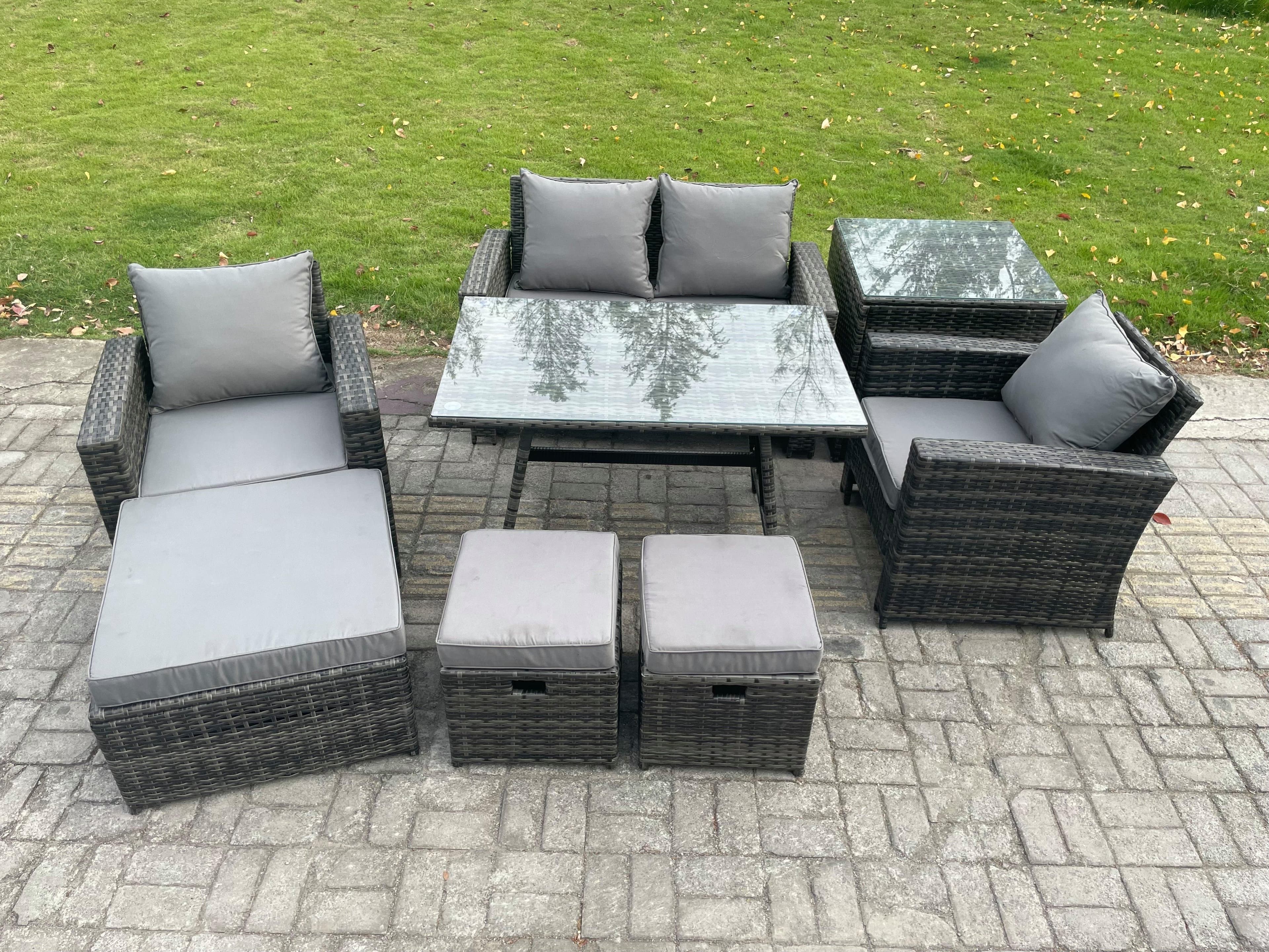 Rattan Wicker Garden Furniture Patio Conservatory Sofa Set Rectangular Dining Table Armchair 3 Footstools Side Table