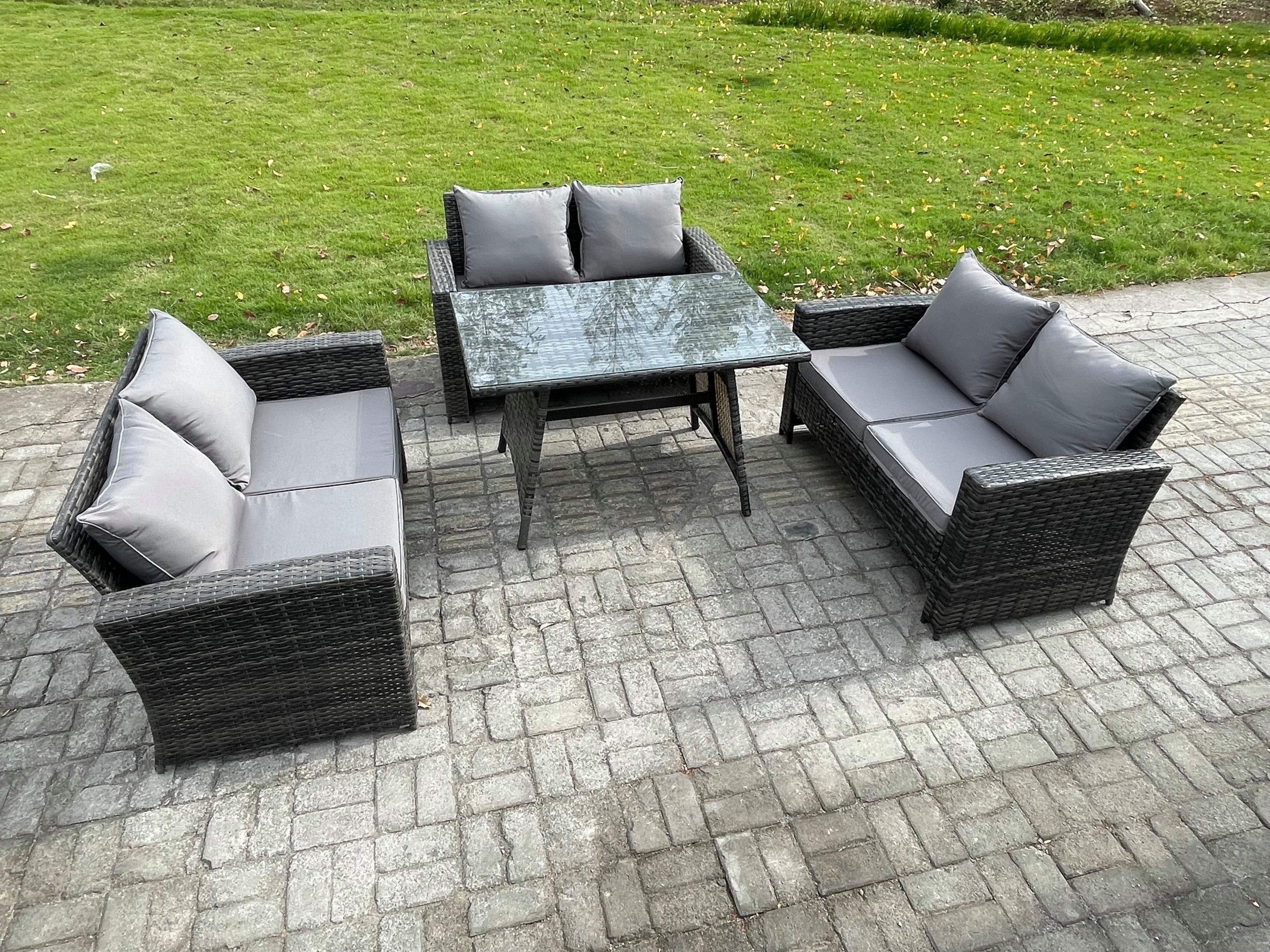 6 Seater Rattan Wicker Garden Furniture Patio Conservatory Sofa Set Rectangular Dining Table Love Seat Sofa