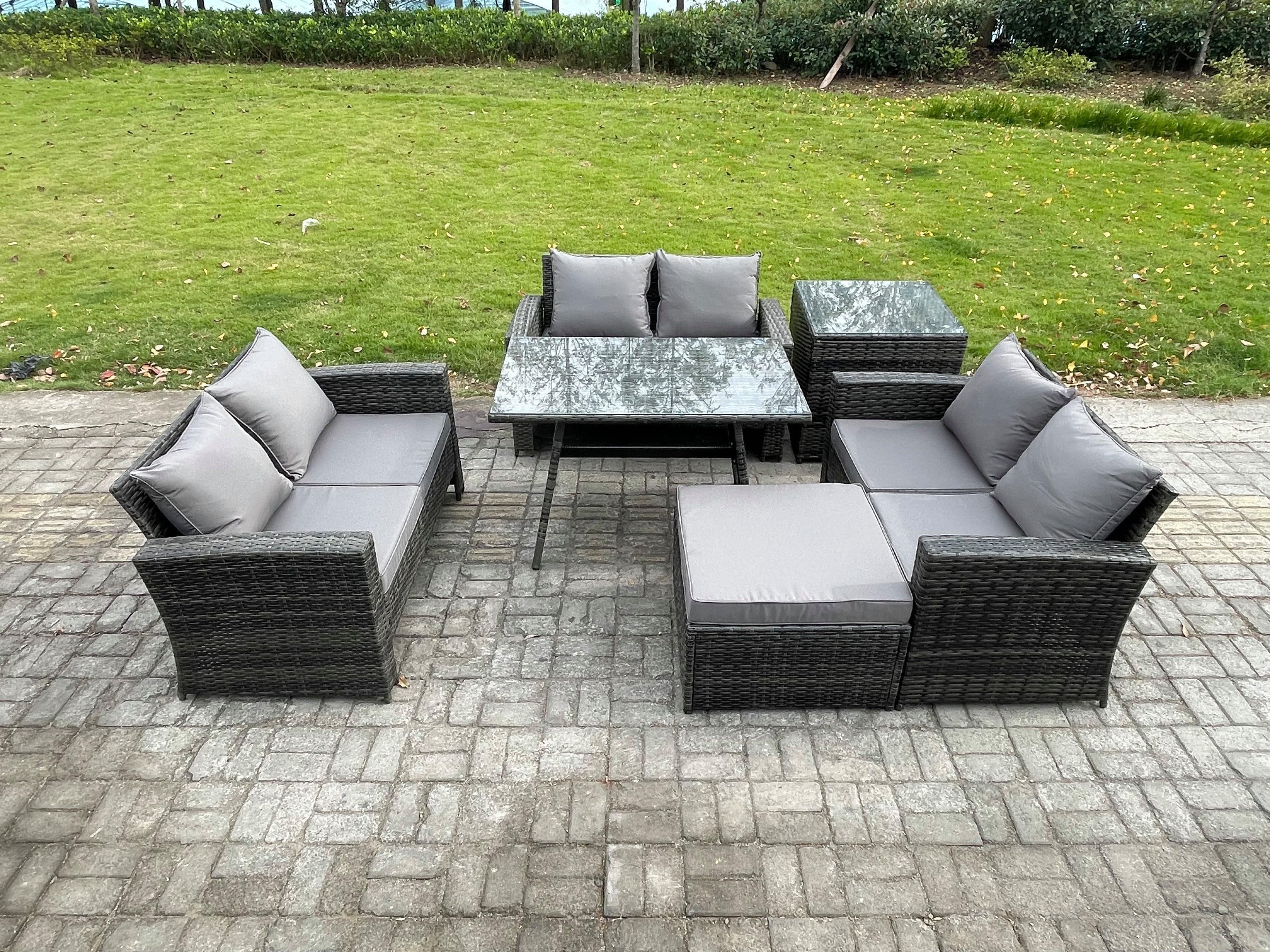 7 Seater Rattan Wicker Garden Furniture Patio Conservatory Sofa Set Rectangular Dining Table Side Table