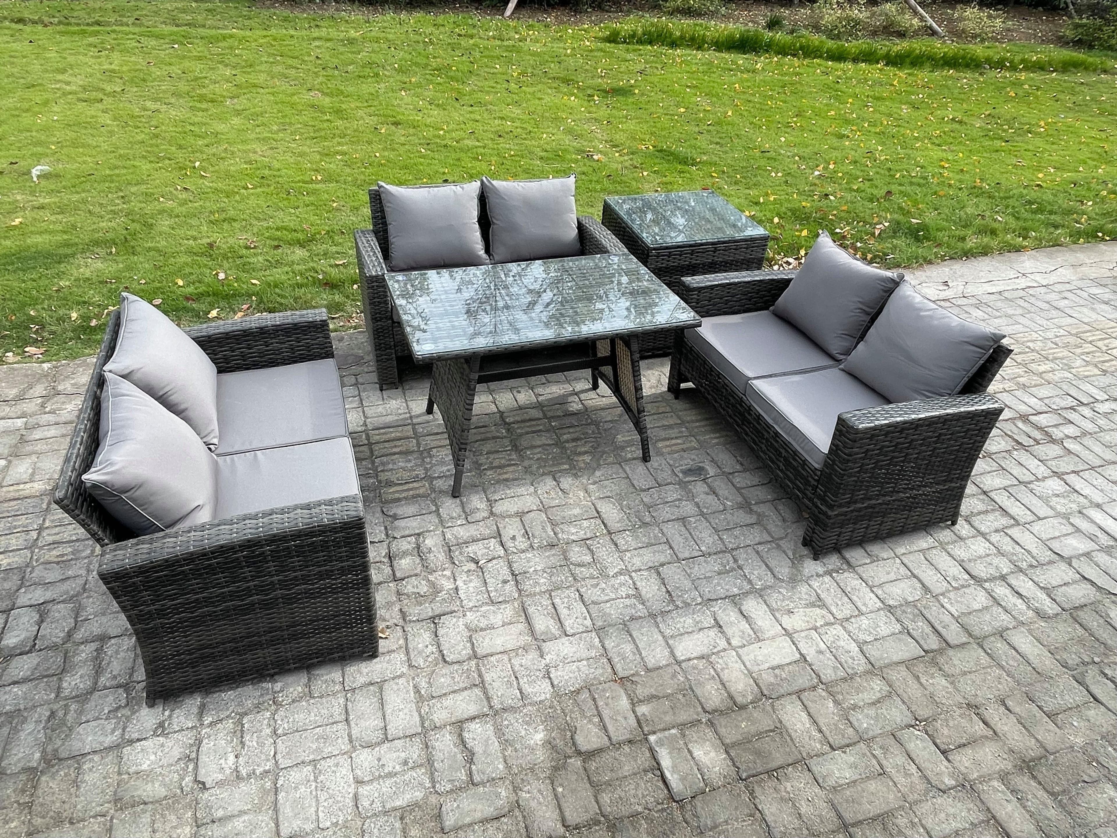6 Seater Rattan Wicker Garden Furniture Patio Conservatory Sofa Set Rectangular Dining Table Love Seat Sofa