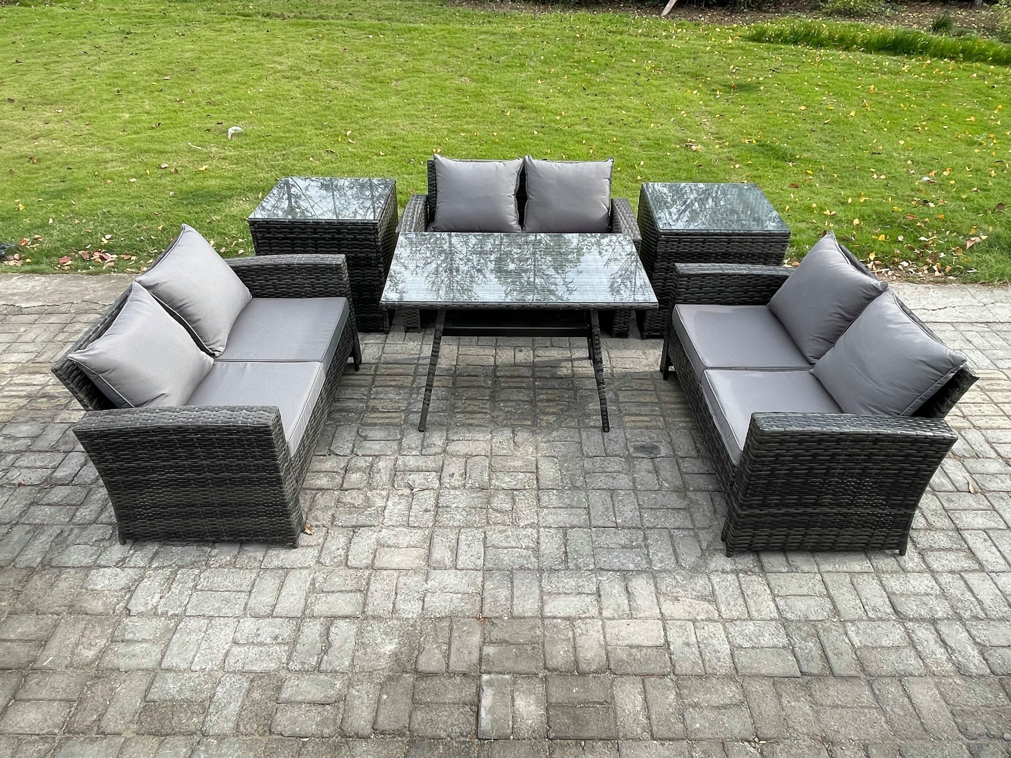 6 PCS Outdoor Lounge Sofa Set Wicker PE Rattan Garden Furniture Set Rectangular Dining Table Love Seat Sofa