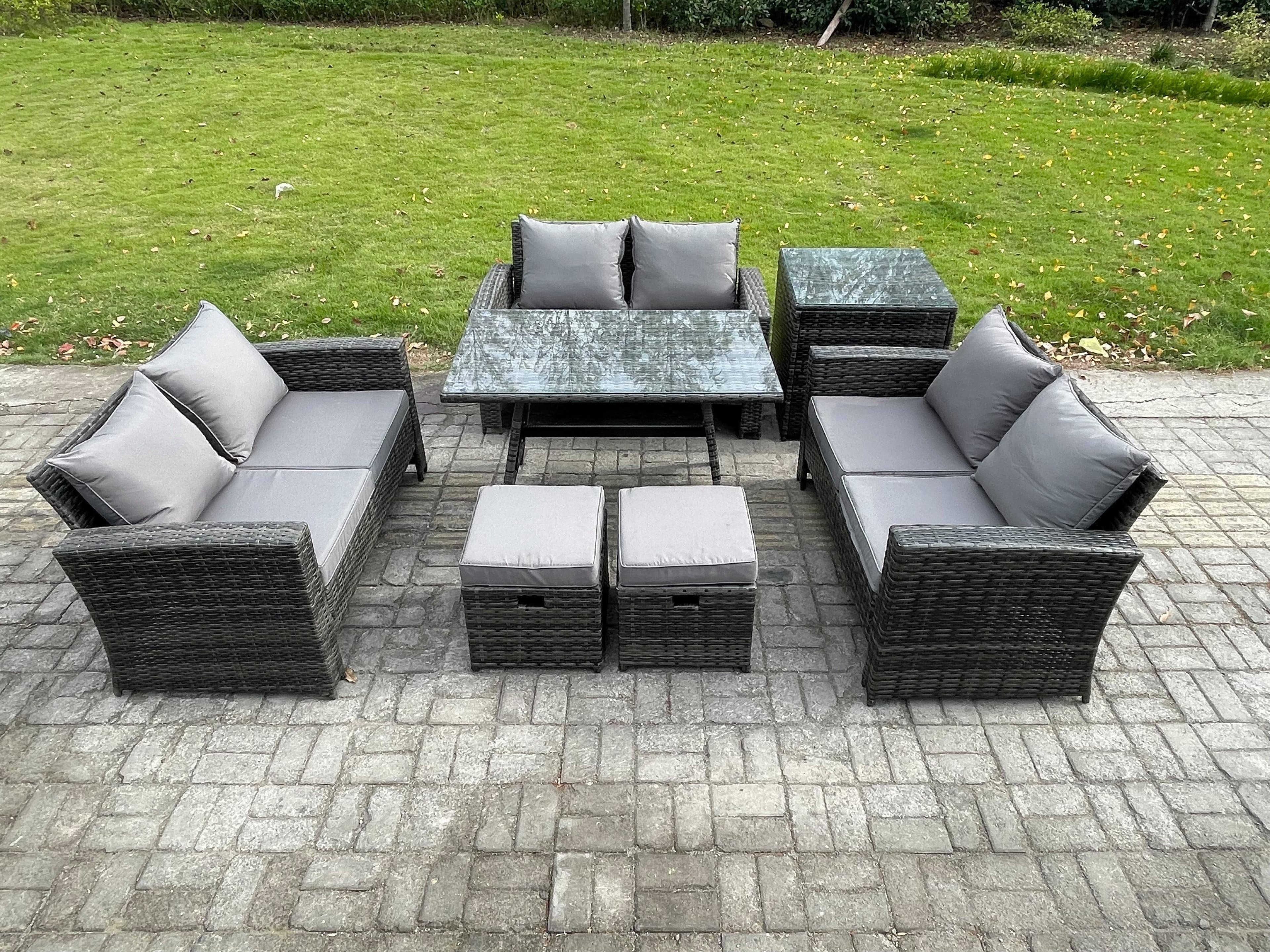 7 PCS Outdoor Lounge Sofa Set Wicker PE Rattan Garden Furniture Set Rectangular Dining Table Love Seat Sofa